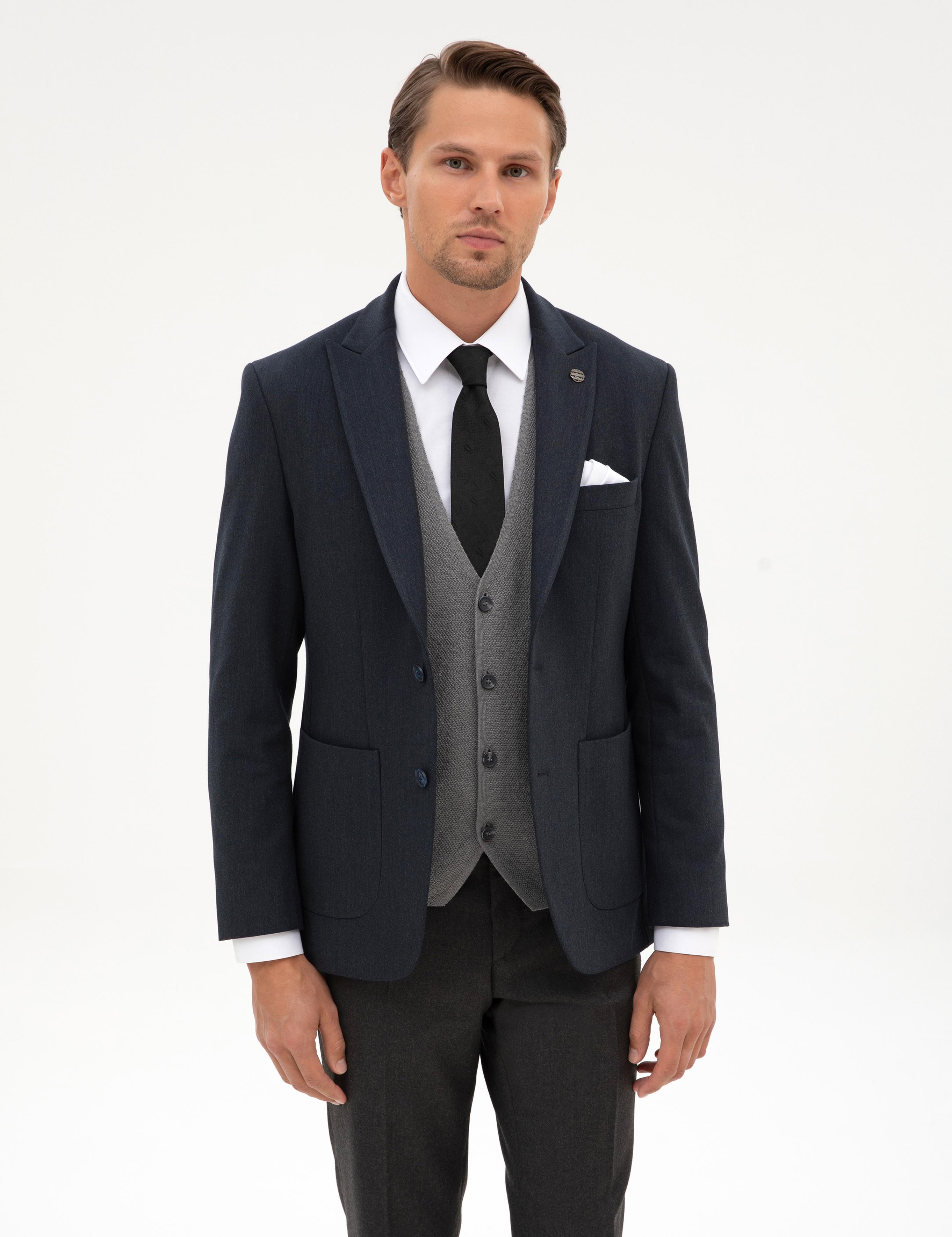 Lacivert Slim Fit Flanel Dokulu Ceket