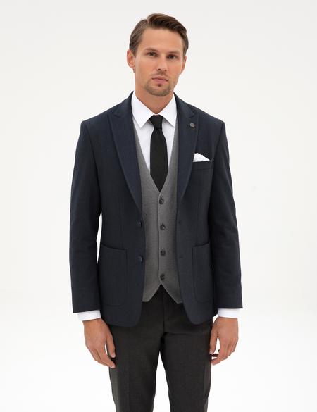 Lacivert Slim Fit Flanel Dokulu Ceket - 50317671044