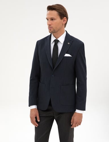 Lacivert Slim Fit Flanel Dokulu Ceket