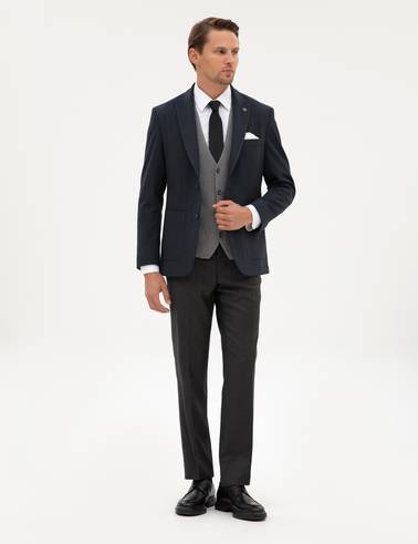 Lacivert Slim Fit Flanel Dokulu Ceket