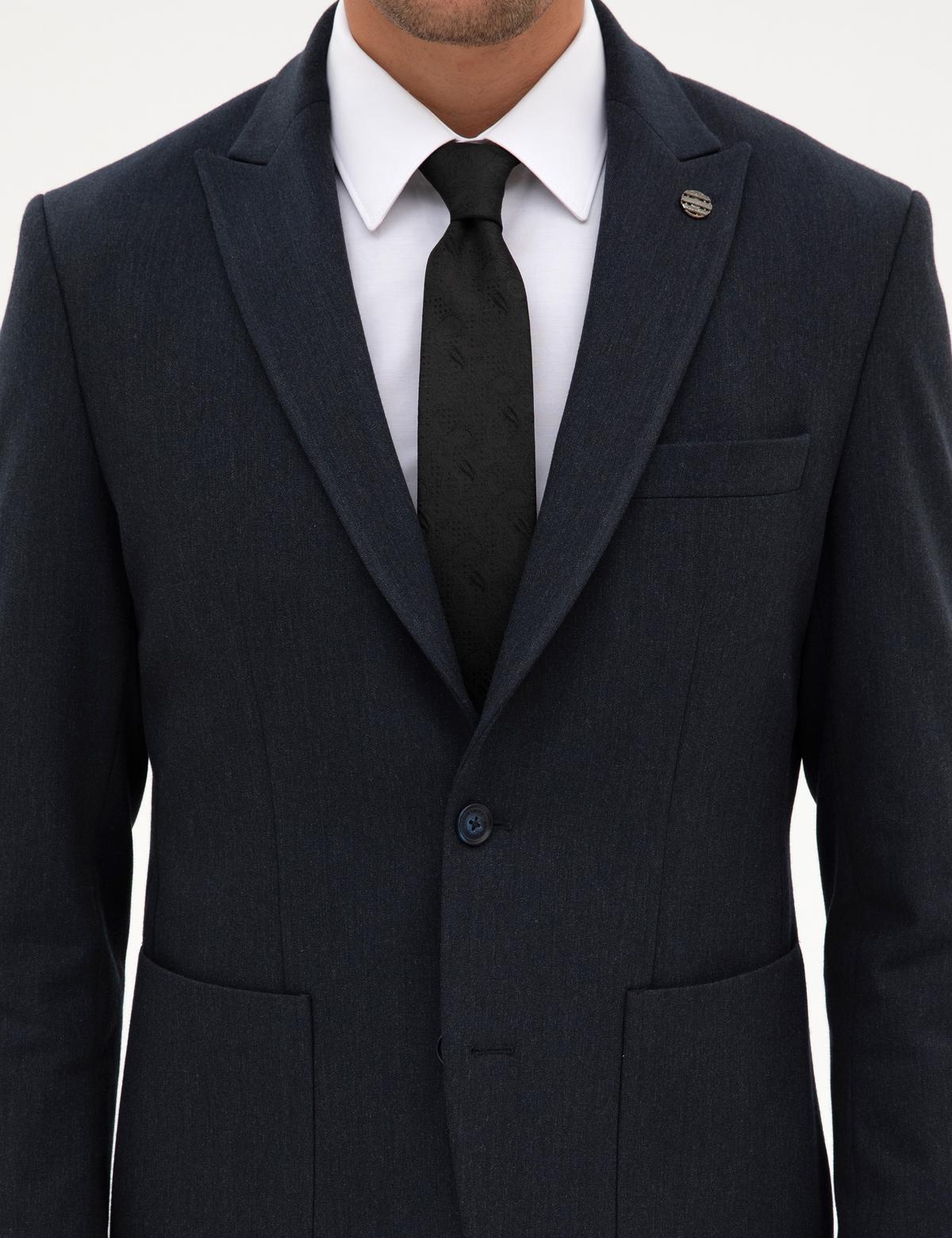 Lacivert Slim Fit Flanel Dokulu Ceket - 50317671044