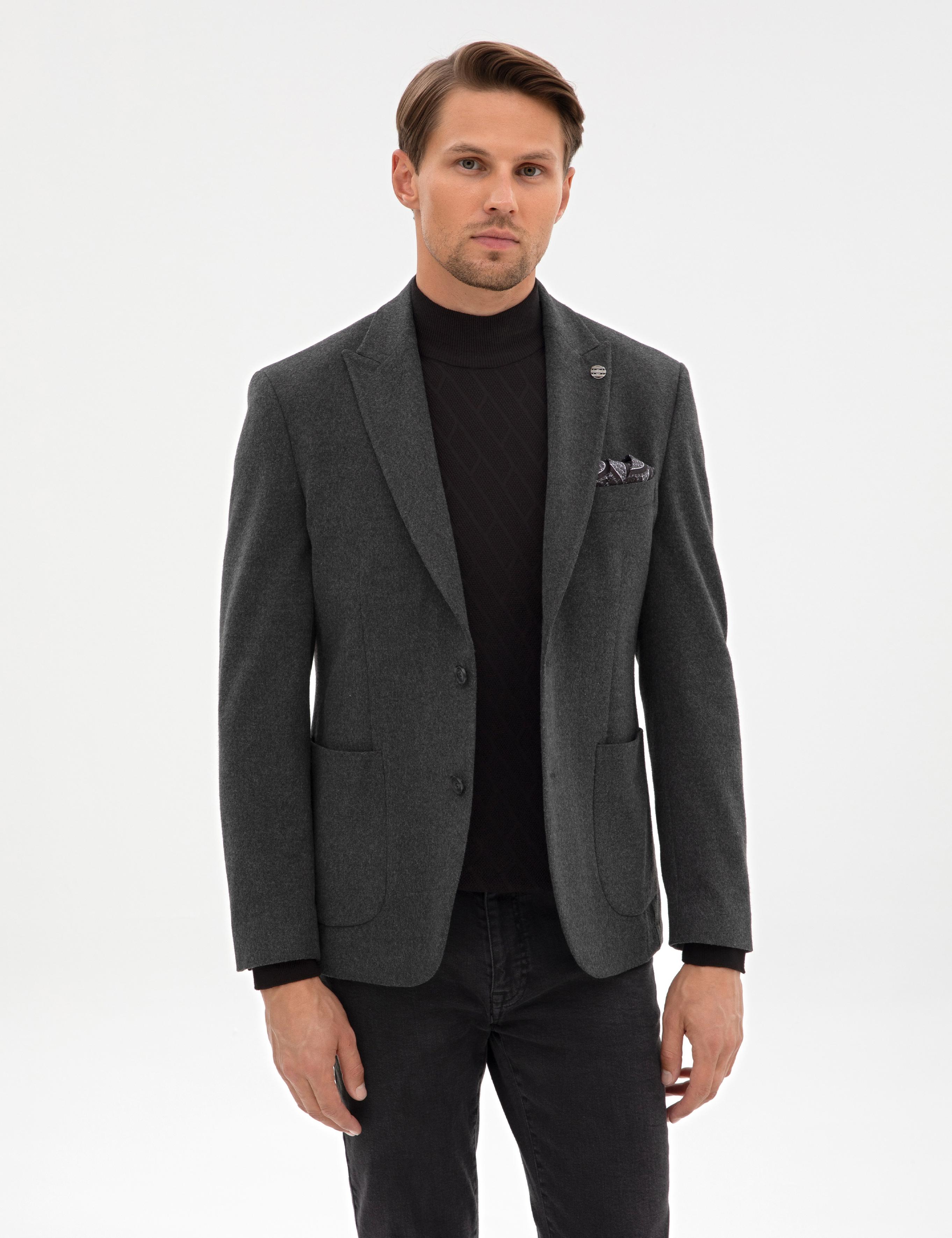 Antrasit Slim Fit Flanel Dokulu Ceket