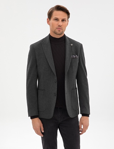 Antrasit Slim Fit Flanel Dokulu Ceket