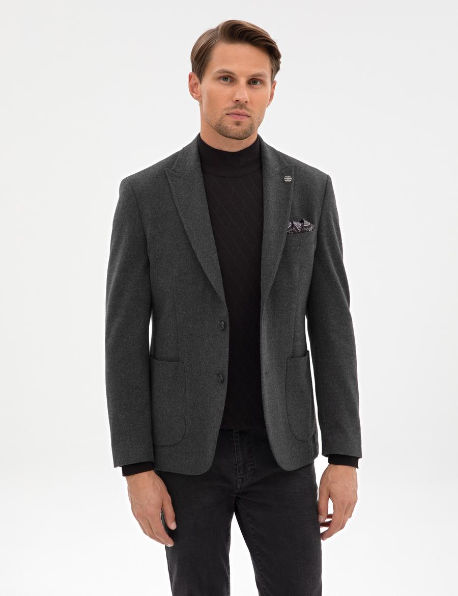 Antrasit Slim Fit Flanel Dokulu Ceket