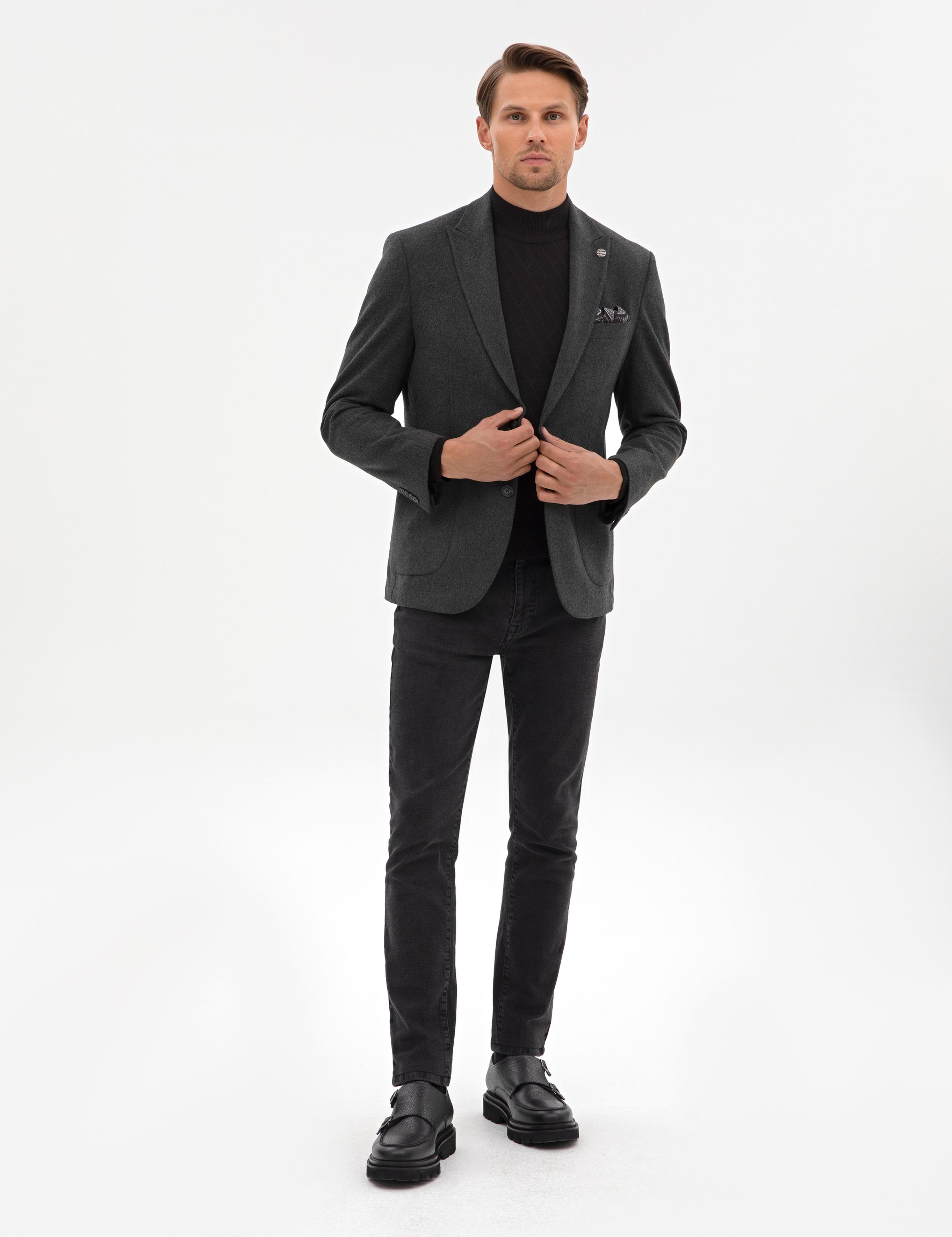 Antrasit Slim Fit Flanel Dokulu Ceket
