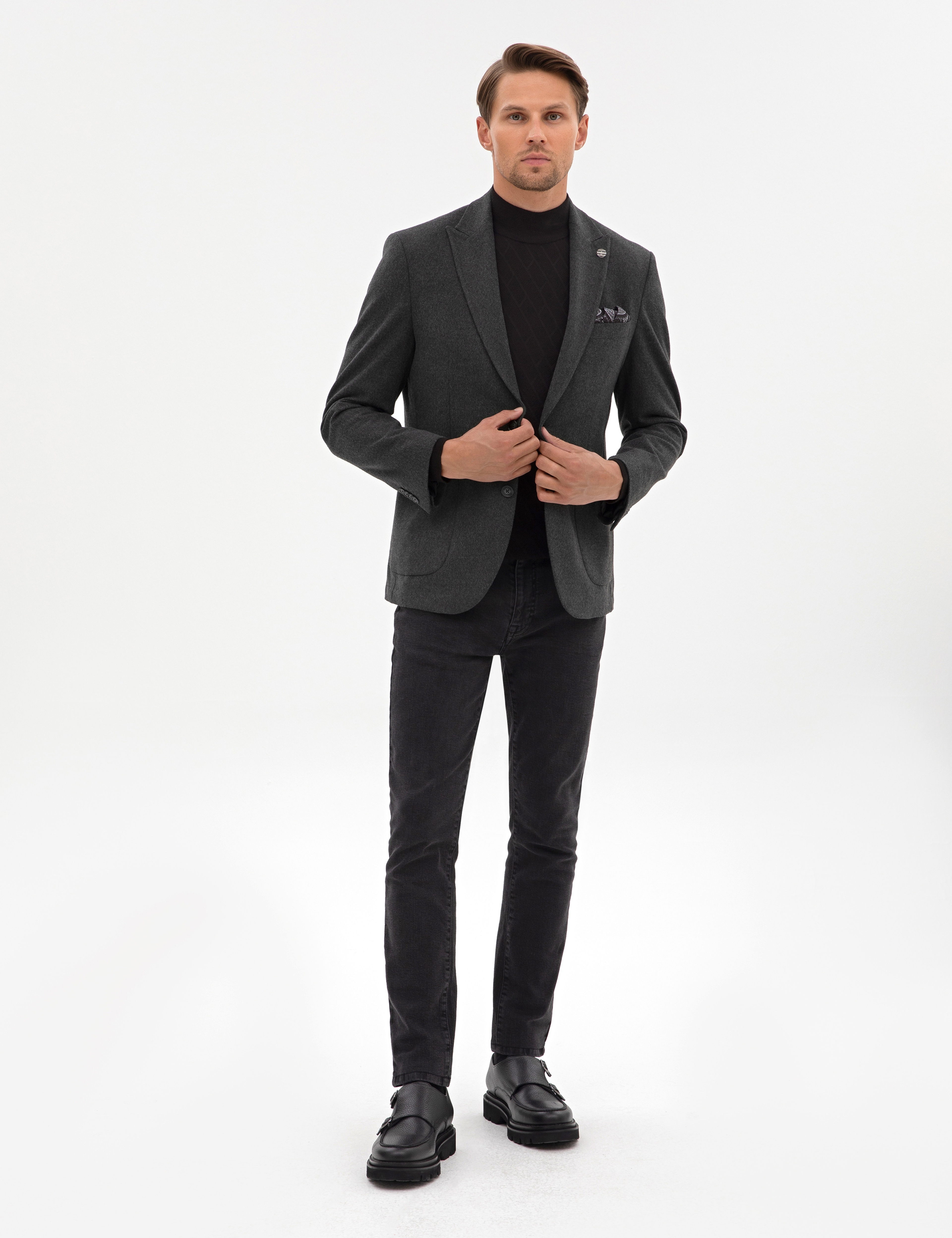 Antrasit Slim Fit Flanel Dokulu Ceket