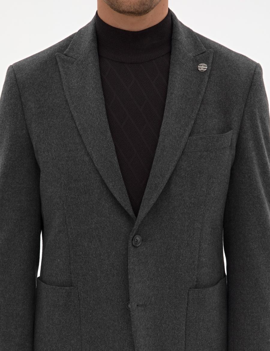 Antrasit Slim Fit Flanel Dokulu Ceket