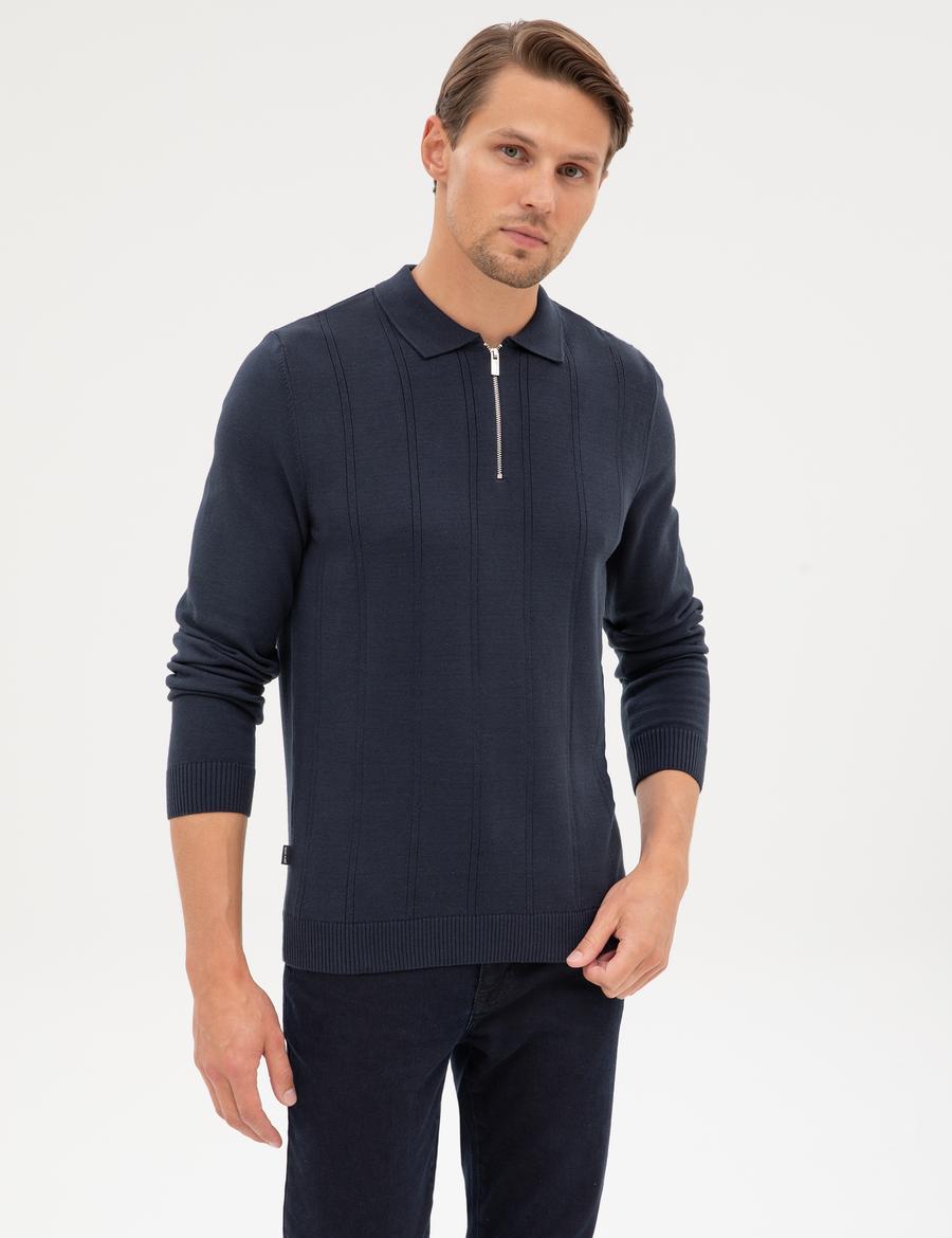 Lacivert Slim Fit Polo Yaka Fermuarlı Triko Kazak