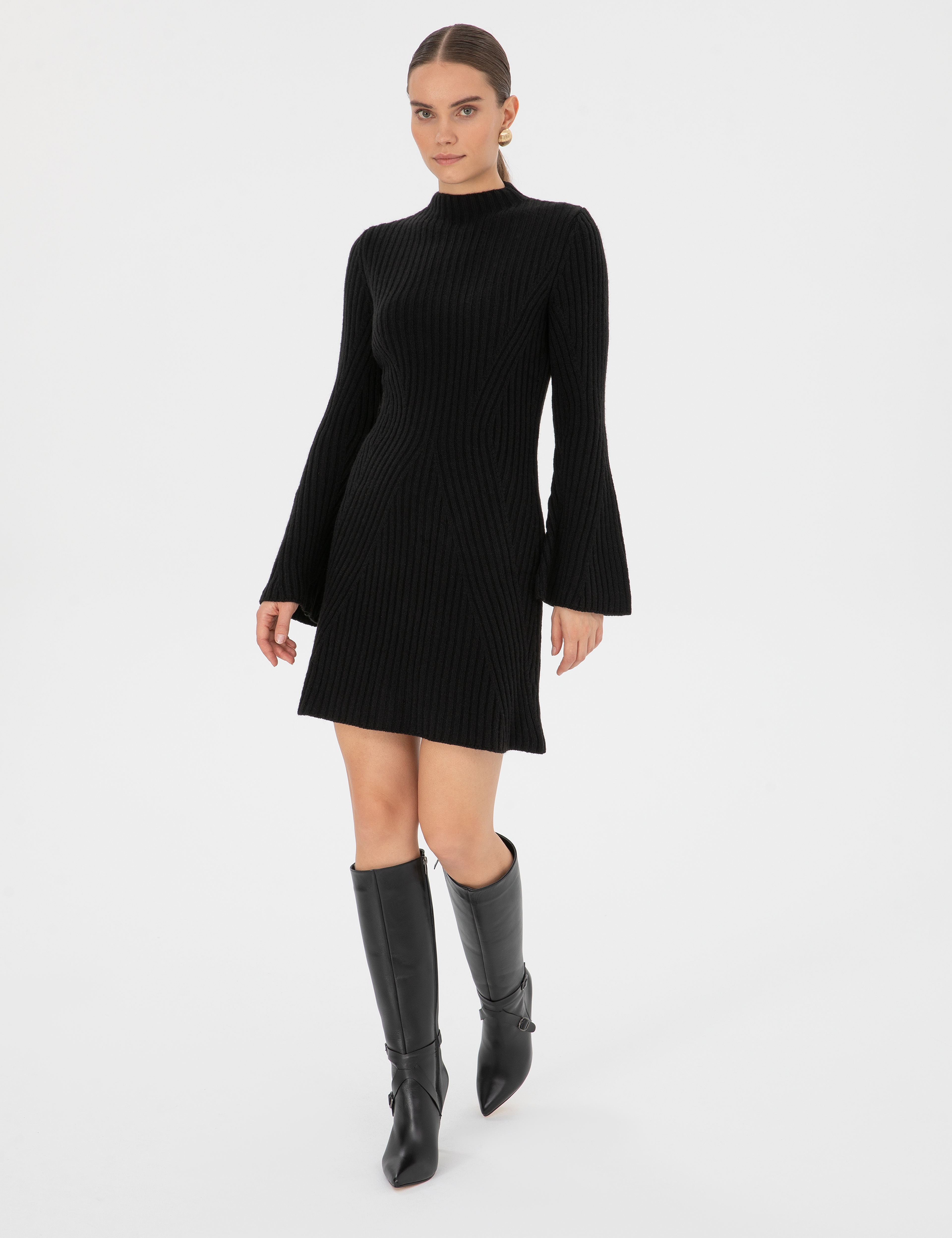 Siyah Slim Fit Triko Elbise - Image 3