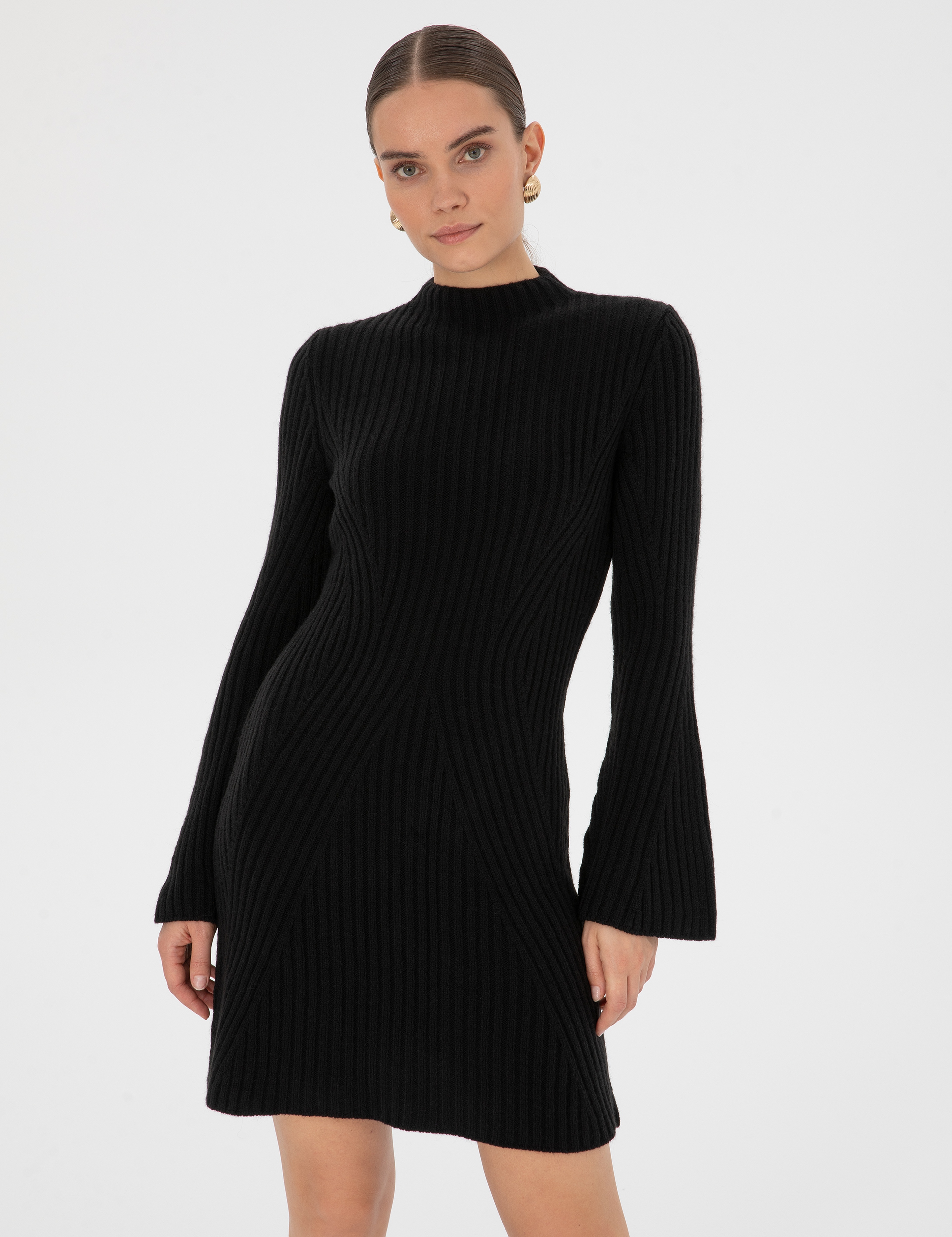 Siyah Slim Fit Triko Elbise - Image 2