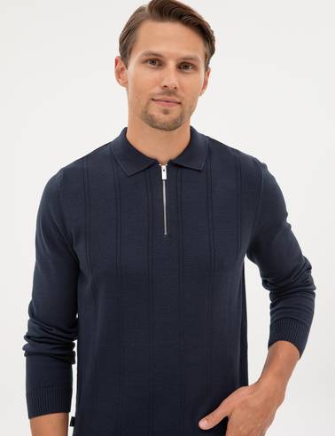 Lacivert Slim Fit Fermuarlı Polo Yaka Triko Kazak