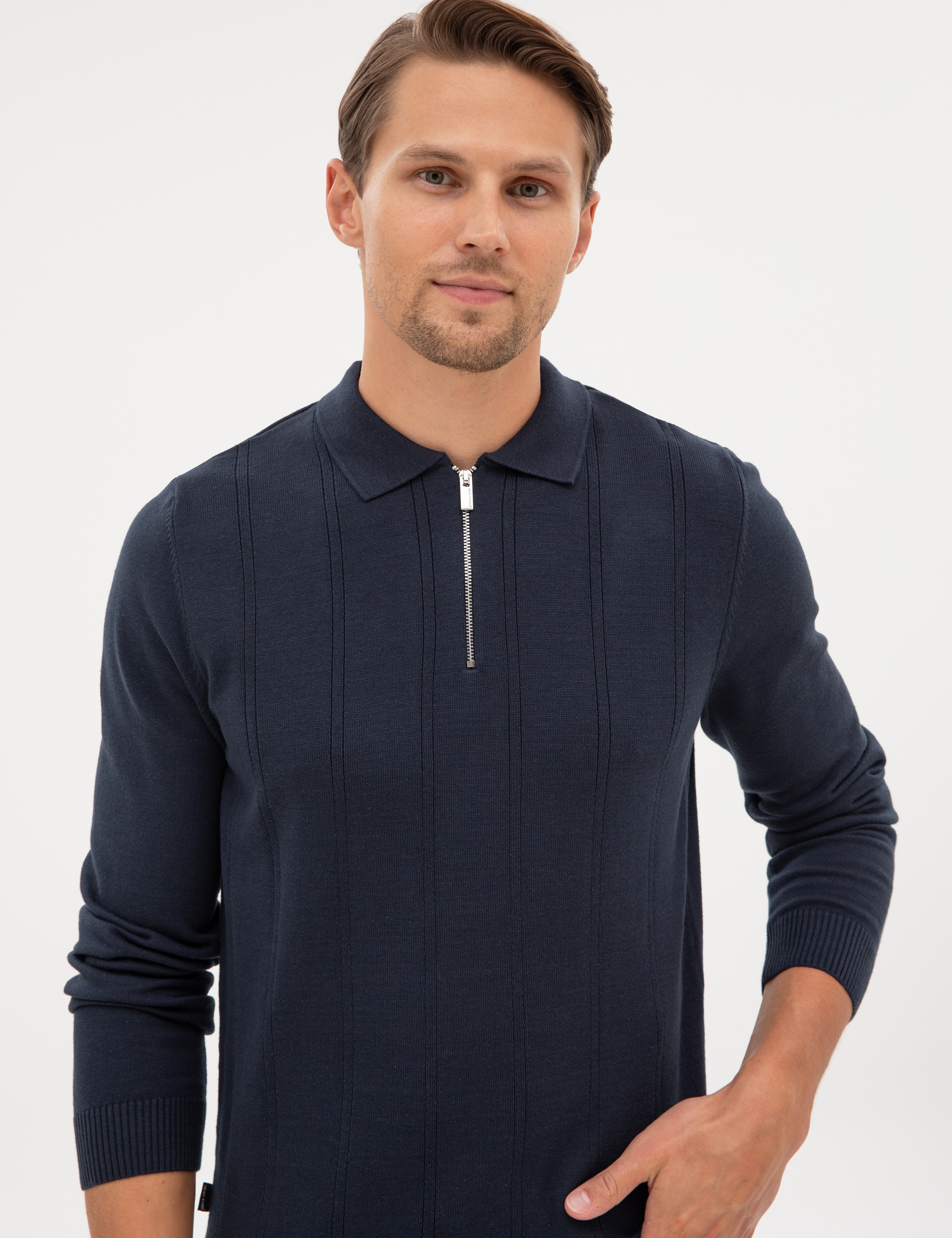 Lacivert Slim Fit Fermuarlı Polo Yaka Triko Kazak
