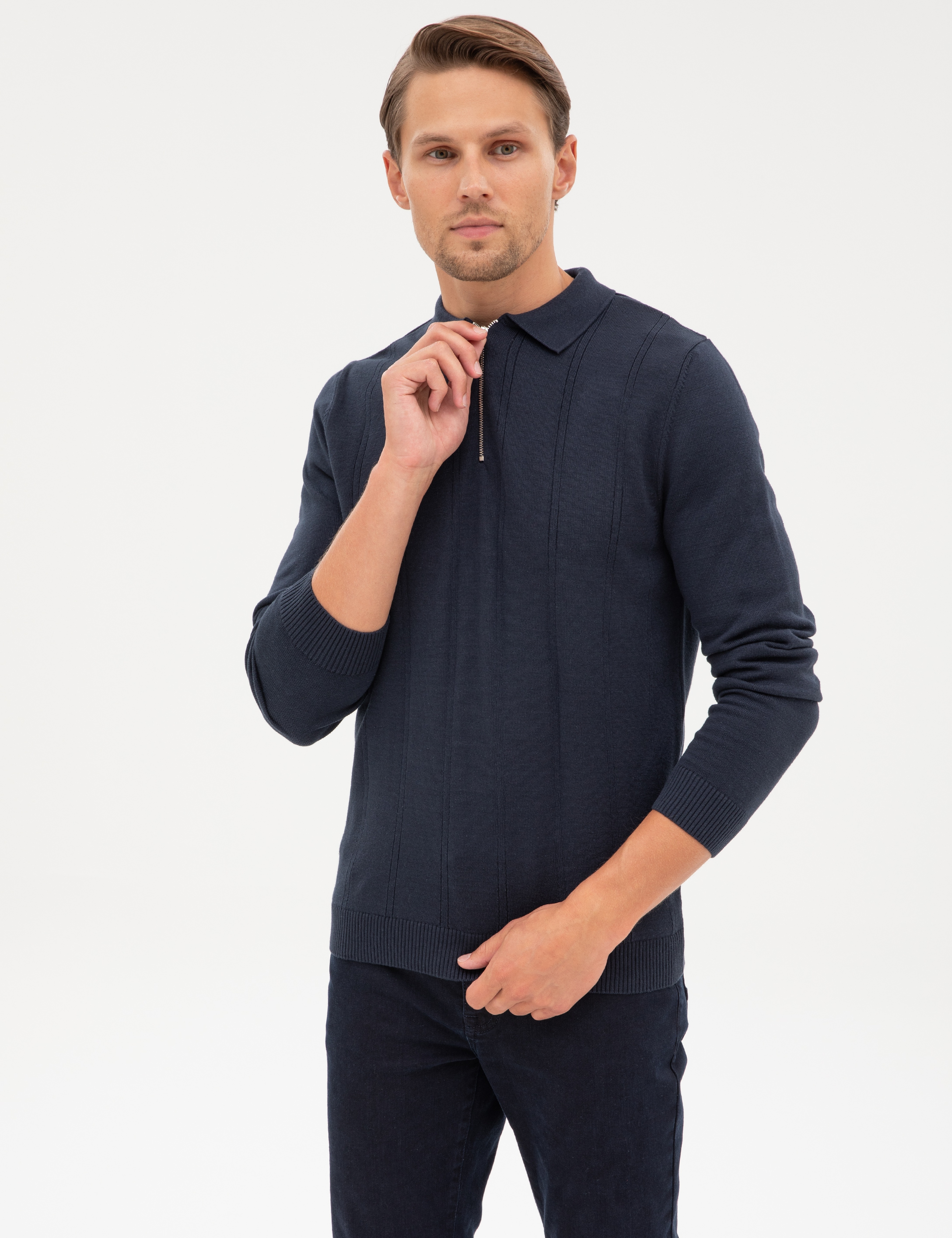 Lacivert Slim Fit Fermuarlı Polo Yaka Triko Kazak