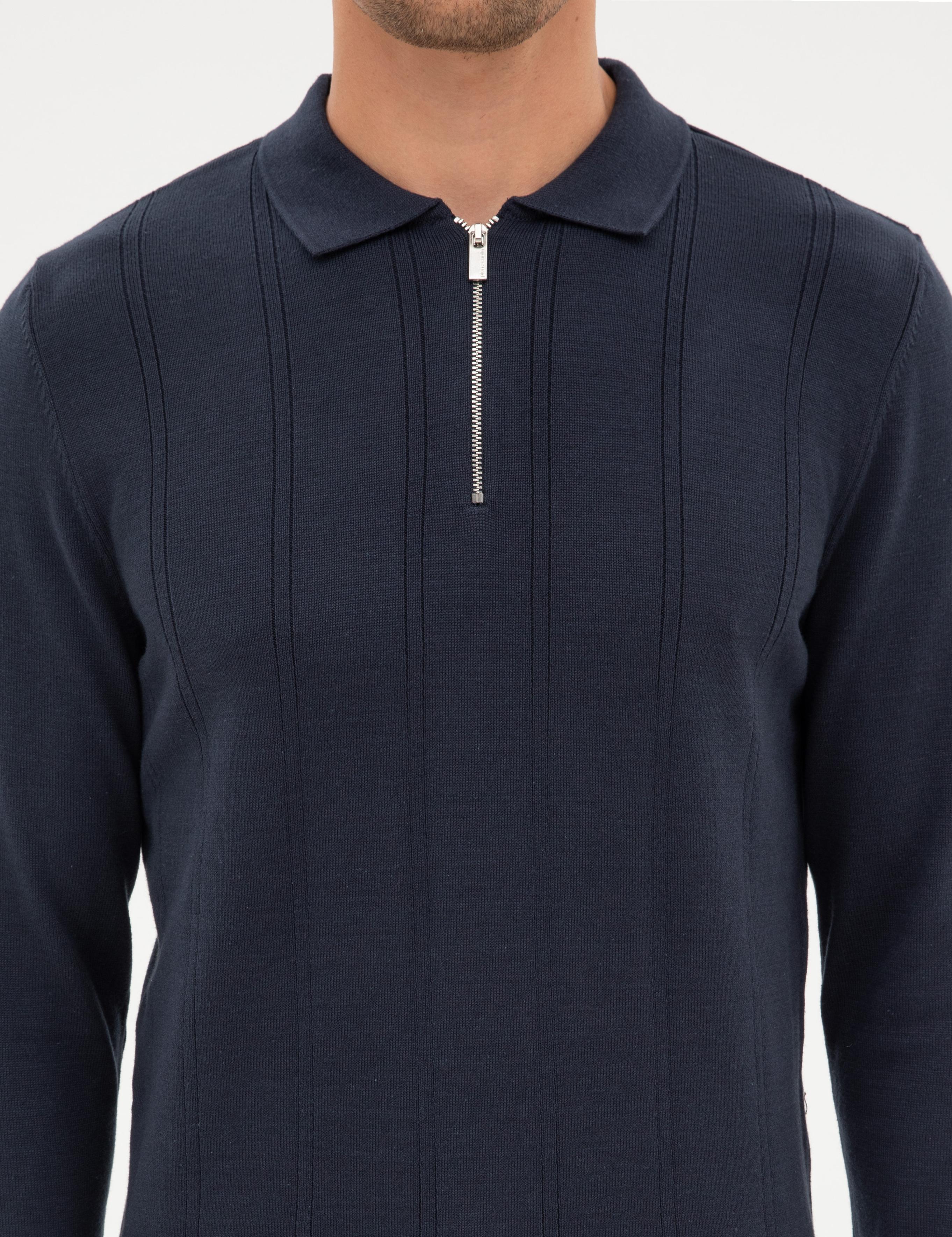 Lacivert Slim Fit Polo Yaka Fermuarlı Triko Kazak