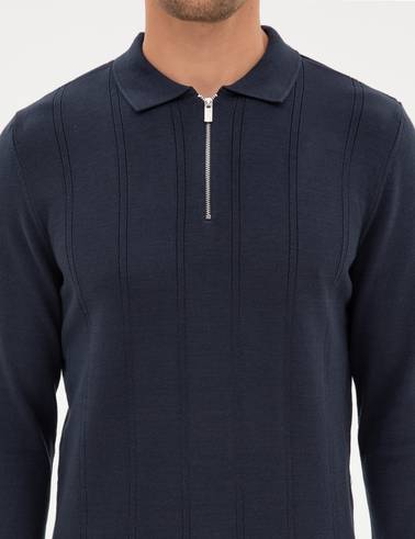 Lacivert Slim Fit Fermuarlı Polo Yaka Triko Kazak