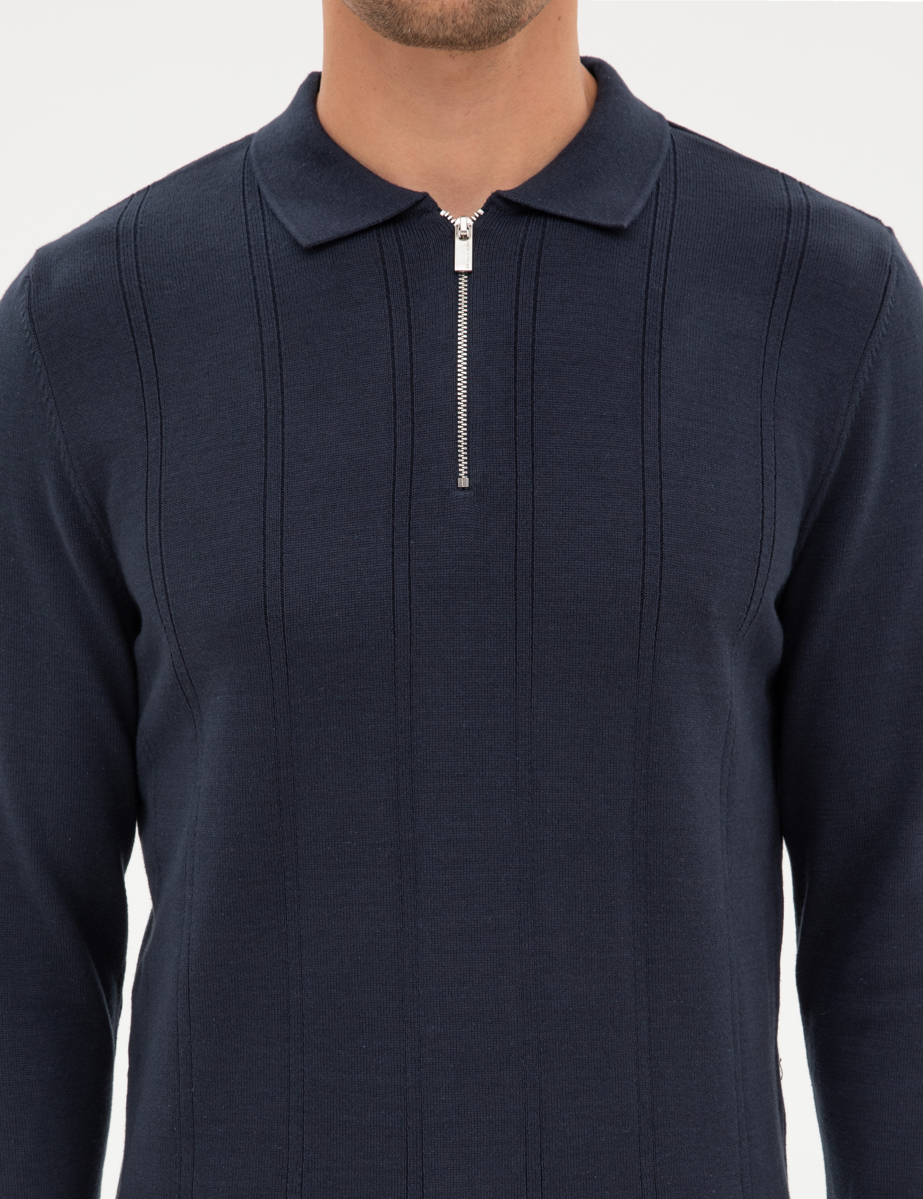 Lacivert Slim Fit Fermuarlı Polo Yaka Triko Kazak - Image 6