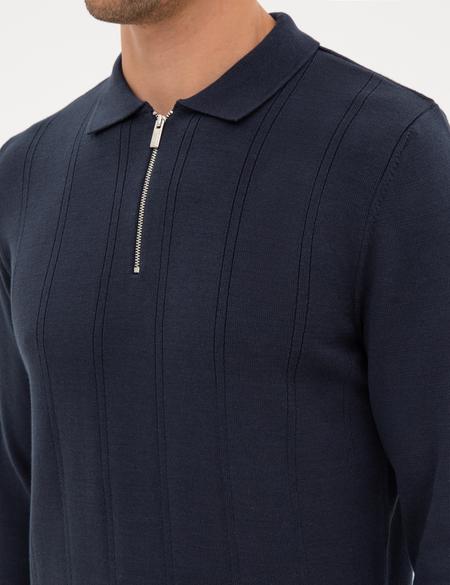 Lacivert Slim Fit Polo Yaka Fermuarlı Triko Kazak - 50317398006