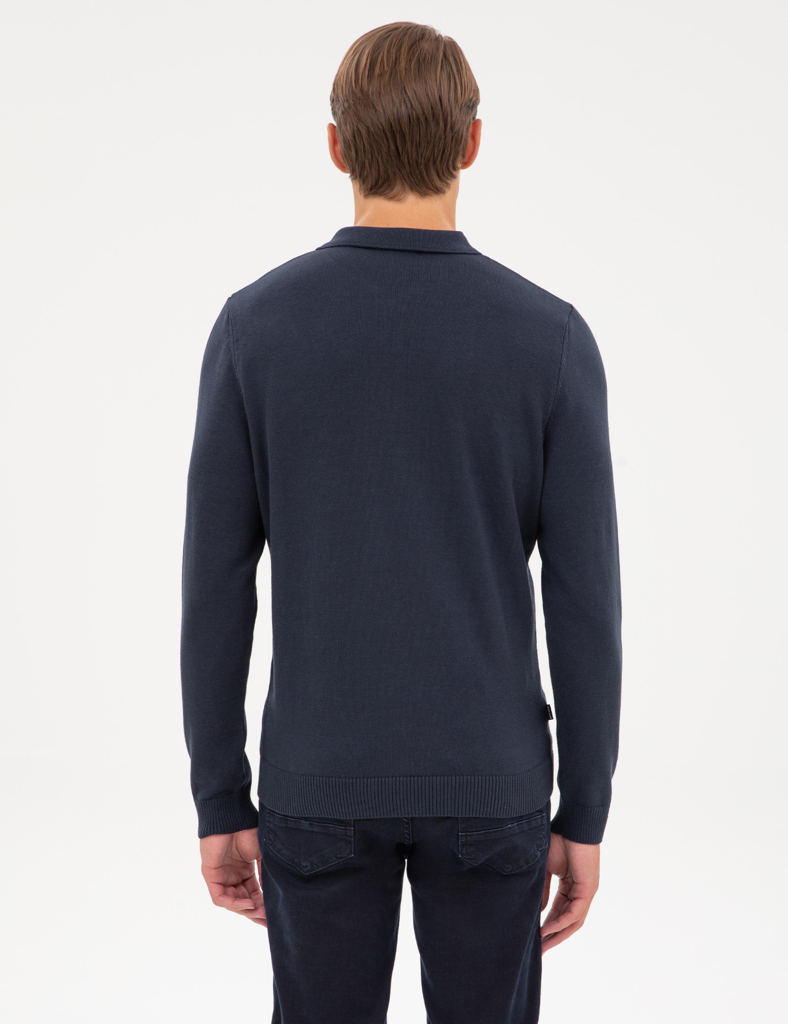 Lacivert Slim Fit Polo Yaka Fermuarlı Triko Kazak