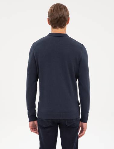 Lacivert Slim Fit Fermuarlı Polo Yaka Triko Kazak