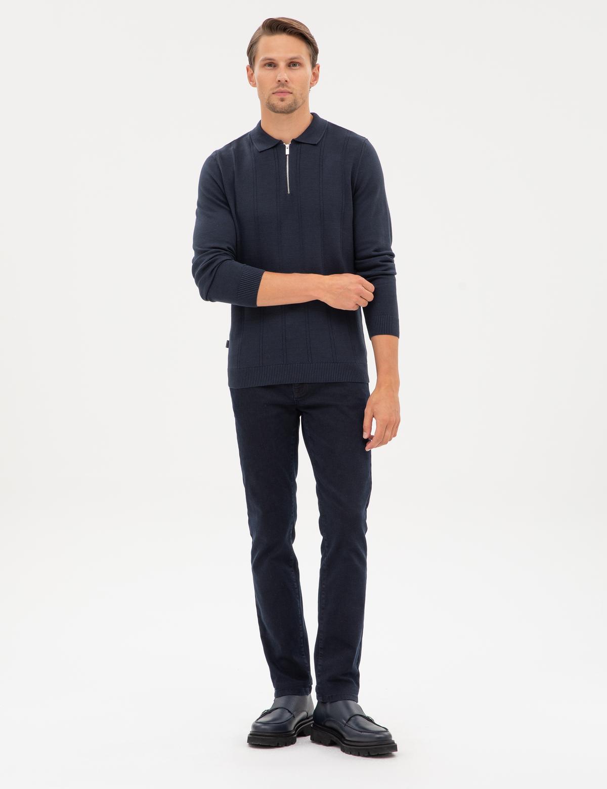 Lacivert Slim Fit Polo Yaka Fermuarlı Triko Kazak - 50317398006