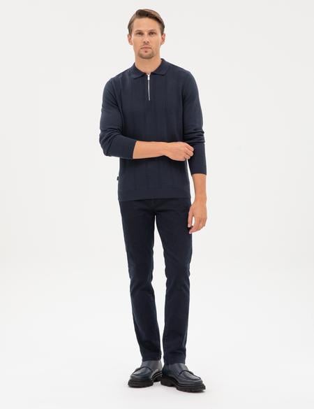 Lacivert Slim Fit Polo Yaka Fermuarlı Triko Kazak - 50317398006