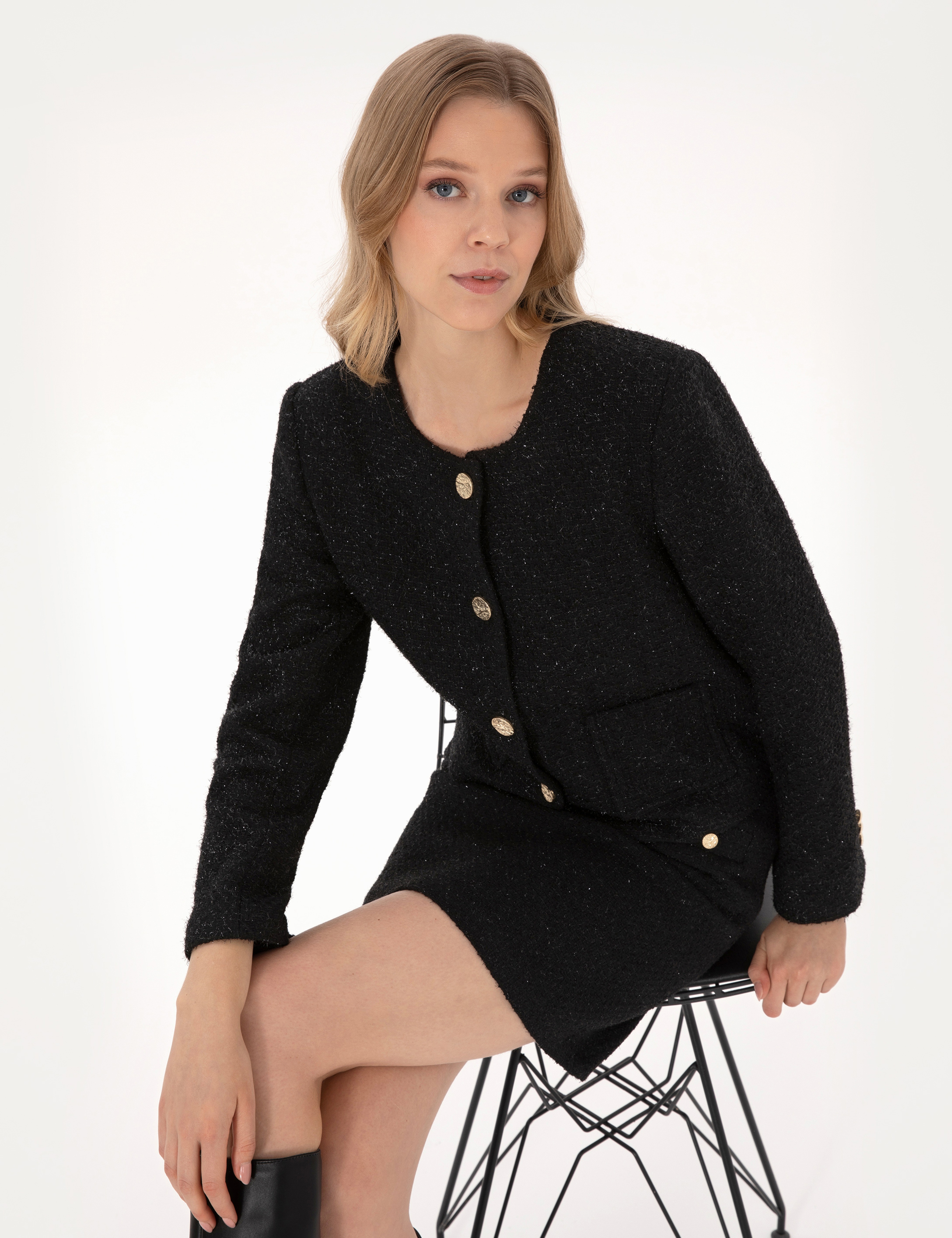 Siyah Crop Top Tüvit Ceket - Image 1