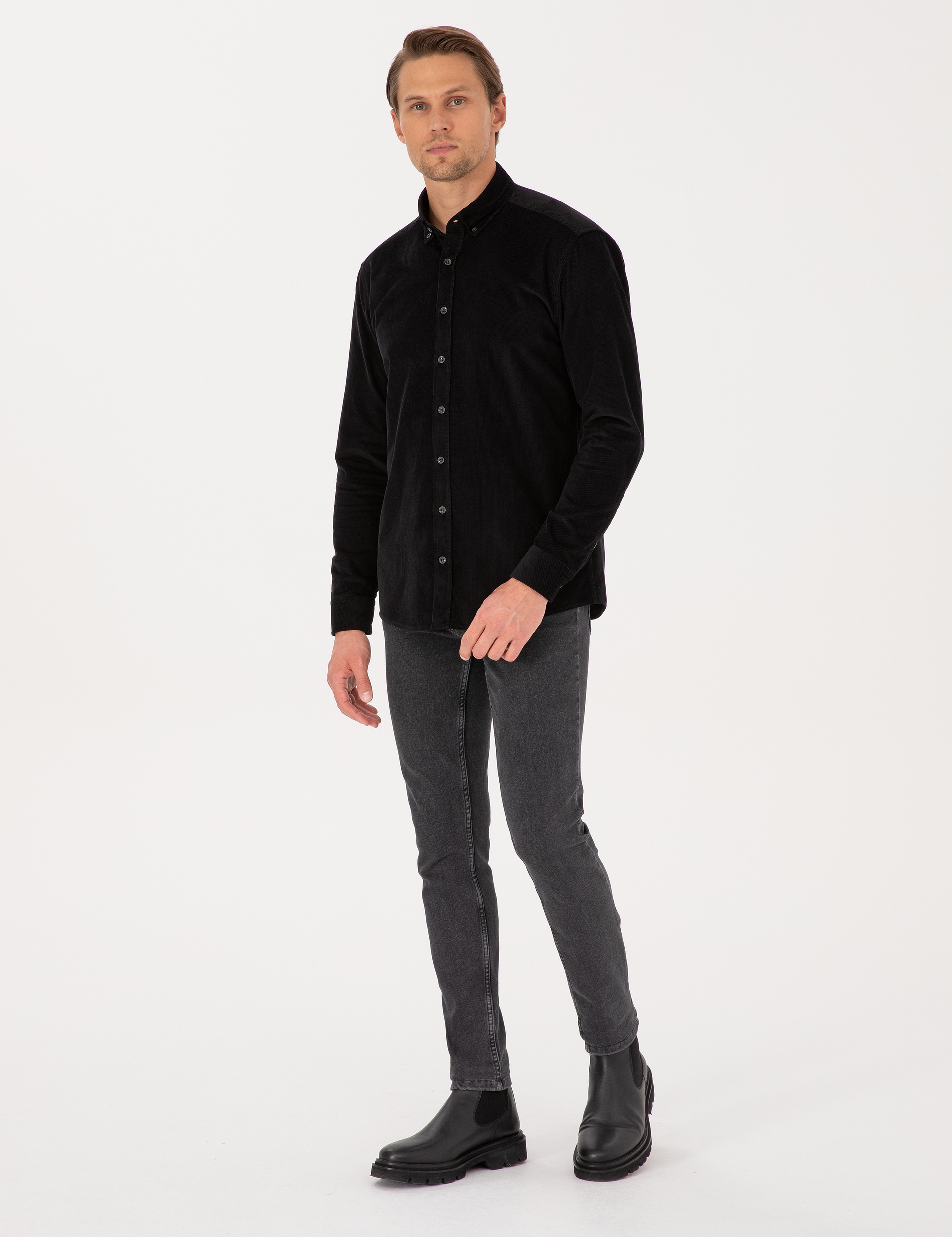 Siyah Regular Fit Uzun Kollu Gömlek - Image 4