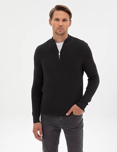 Siyah Slim Fit Dik Yaka Fermuarlı Triko Kazak