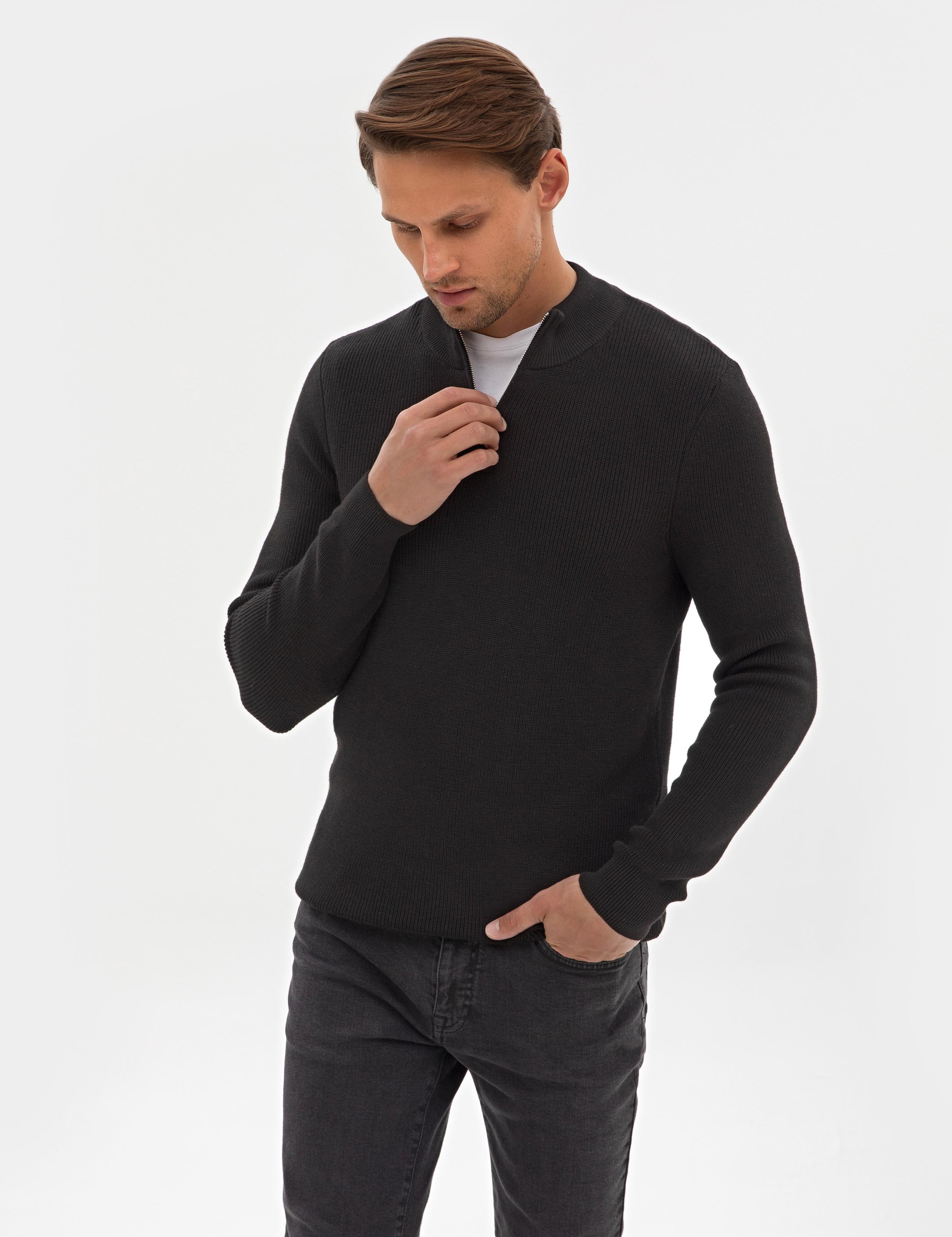 Siyah Slim Fit Dik Yaka Fermuarlı Triko Kazak