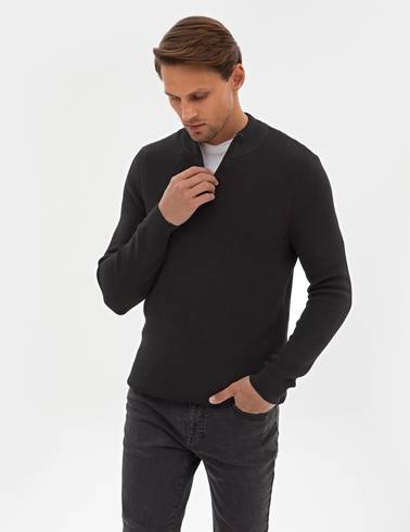 Siyah Slim Fit Dik Yaka Fermuarlı Triko Kazak