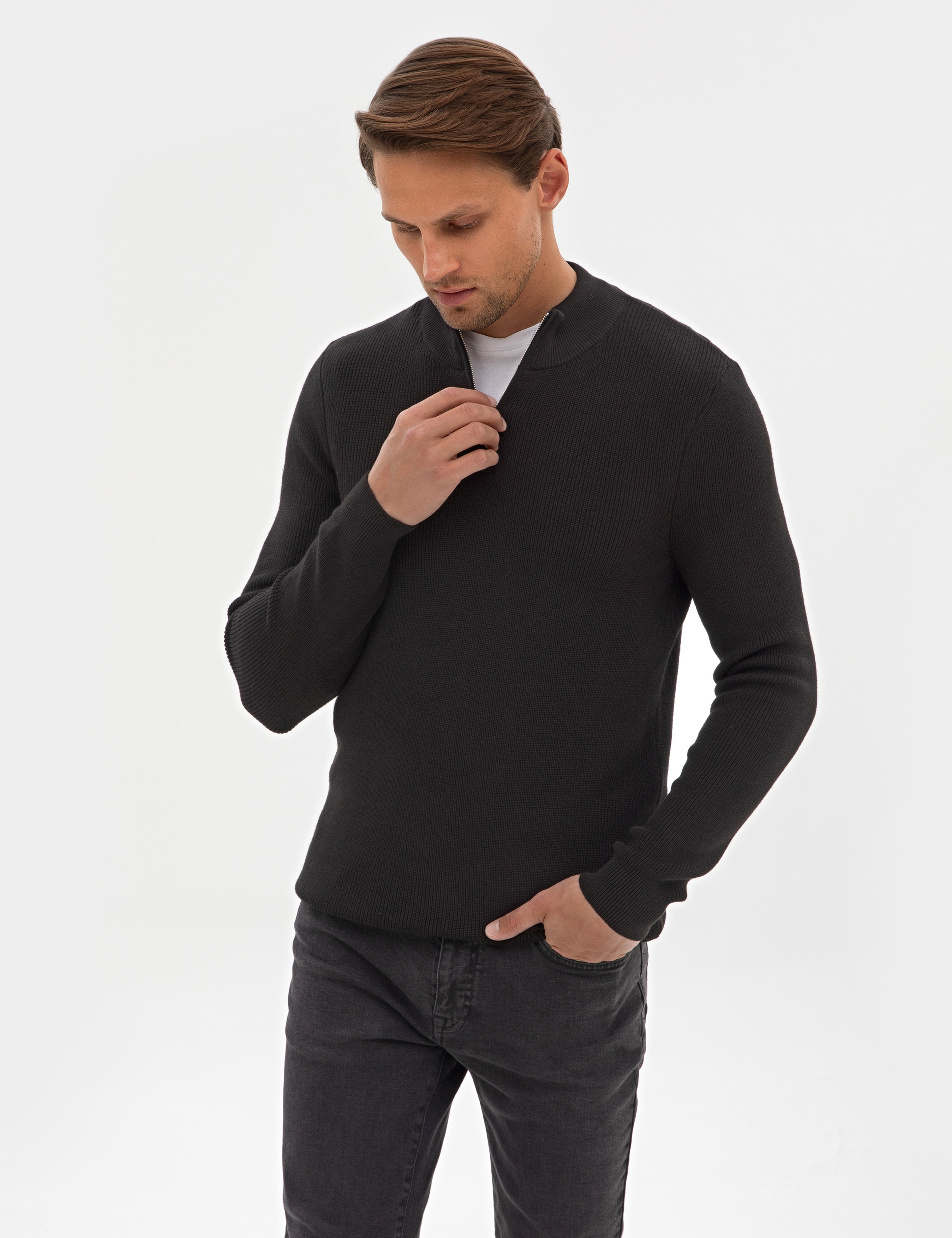 Siyah Slim Fit Dik Yaka Fermuarlı Triko Kazak - Image 3