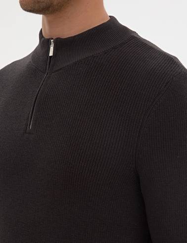 Siyah Slim Fit Dik Yaka Fermuarlı Triko Kazak