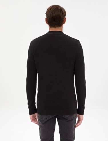 Siyah Slim Fit Dik Yaka Fermuarlı Triko Kazak