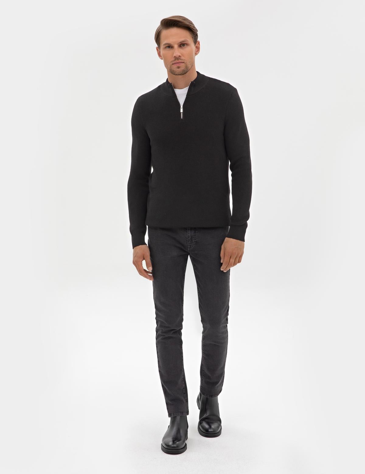 Siyah Slim Fit Dik Yaka Fermuarlı Triko Kazak - 50317363009