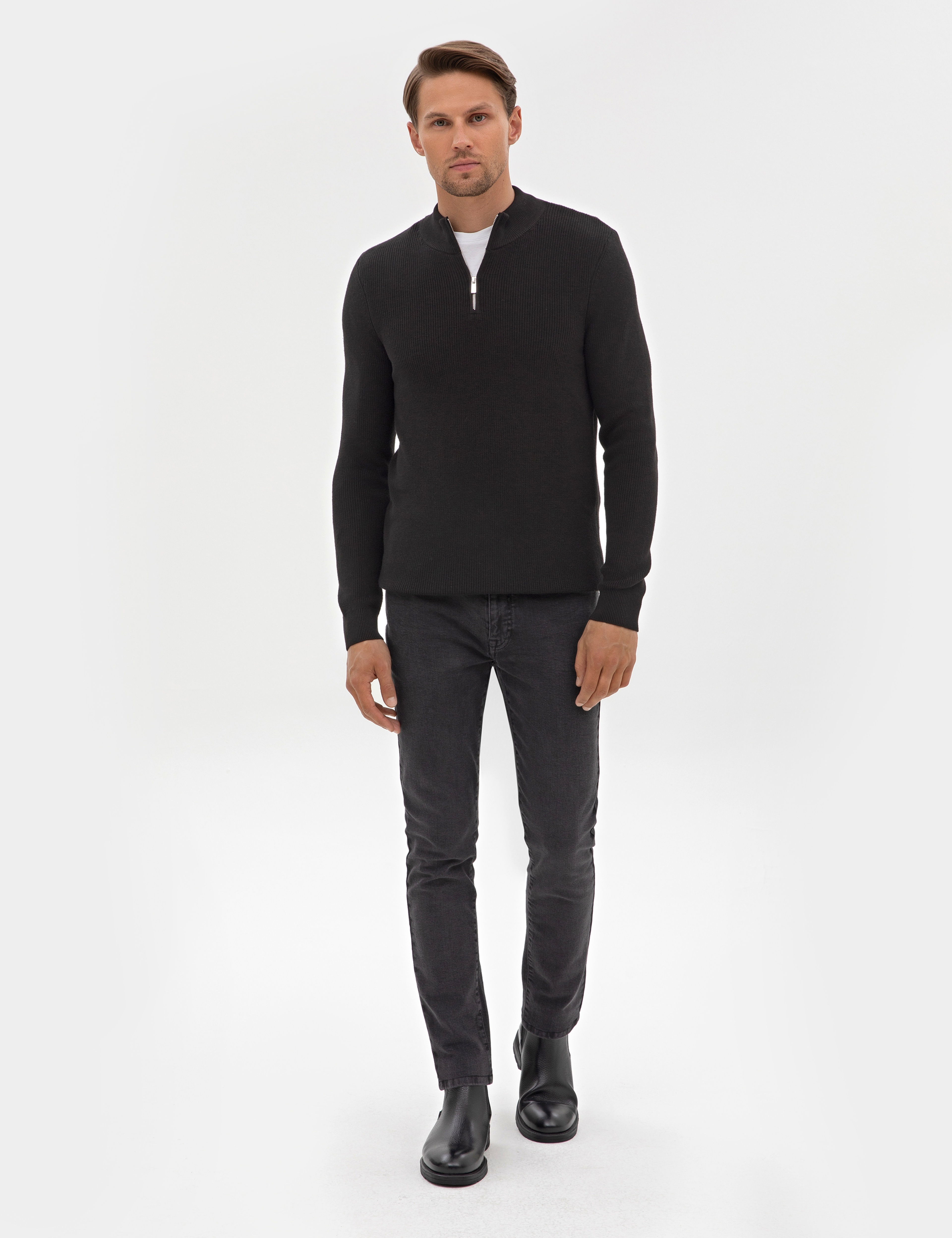 Siyah Slim Fit Dik Yaka Fermuarlı Triko Kazak
