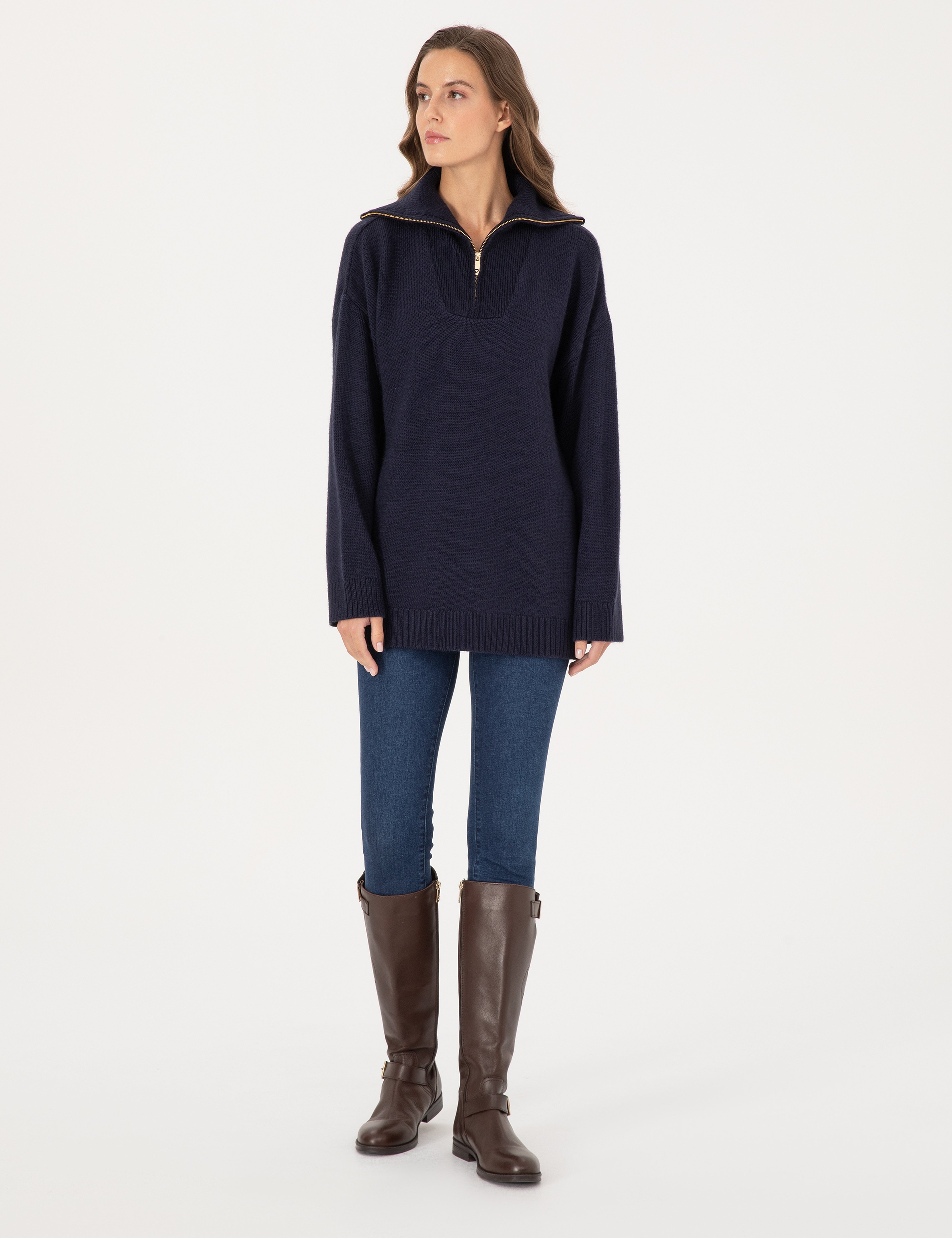 Lacivert Comfort Fit Fermuarlı Şal Yaka Kazak - Image 4