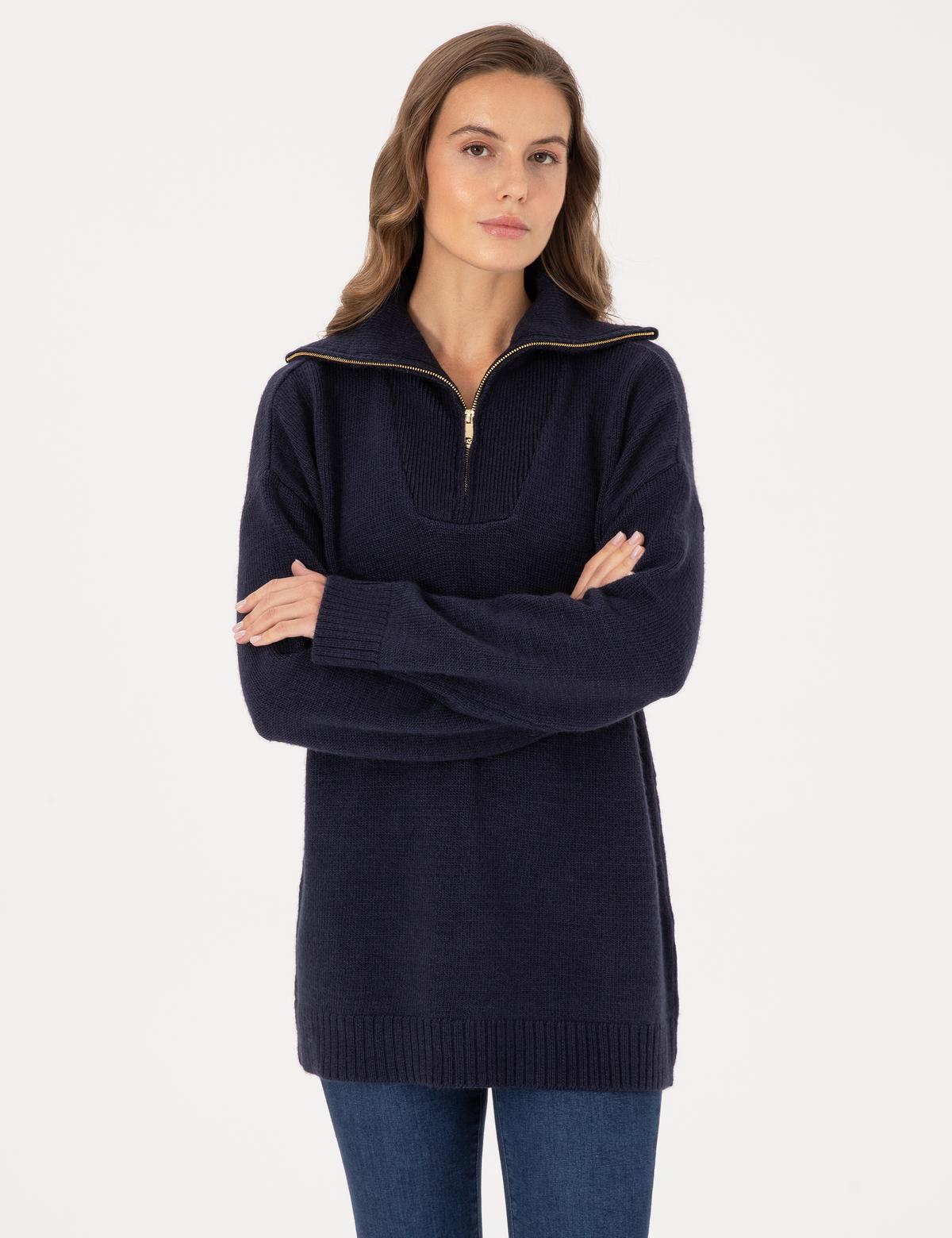 Lacivert Comfort Fit Fermuarlı Şal Yaka Kazak