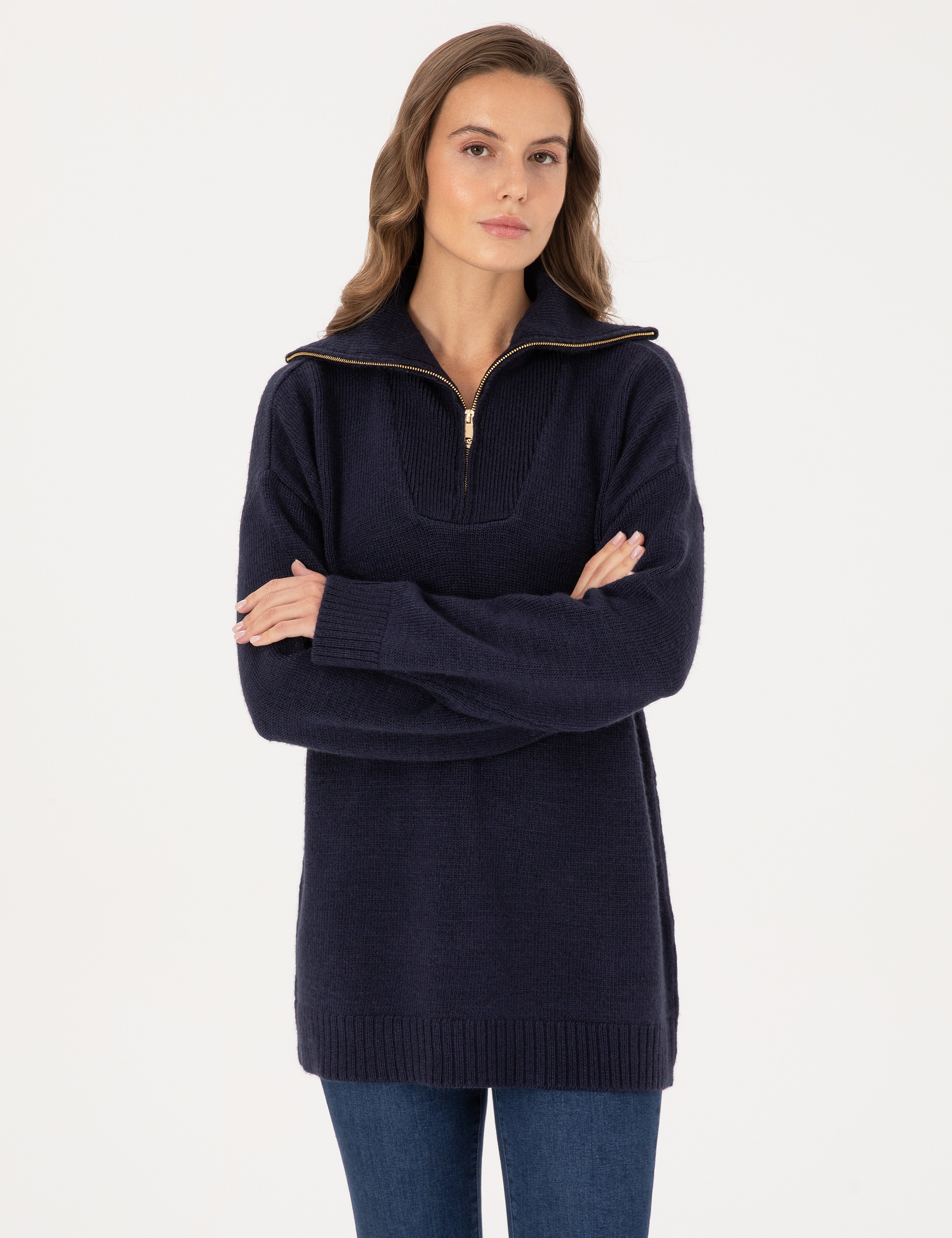 Lacivert Comfort Fit Fermuarlı Şal Yaka Kazak - Image 1