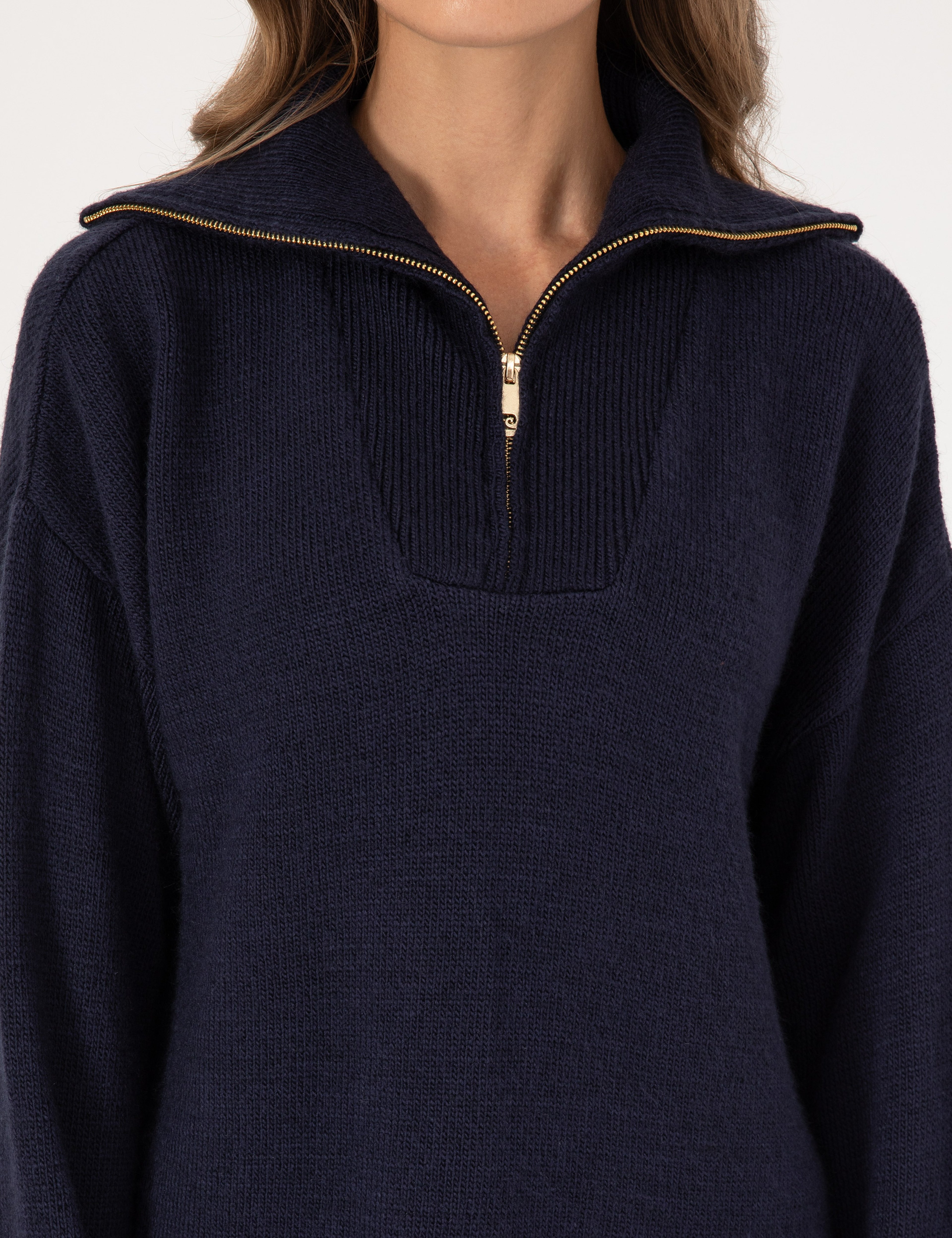 Lacivert Comfort Fit Fermuarlı Şal Yaka Kazak - Image 6