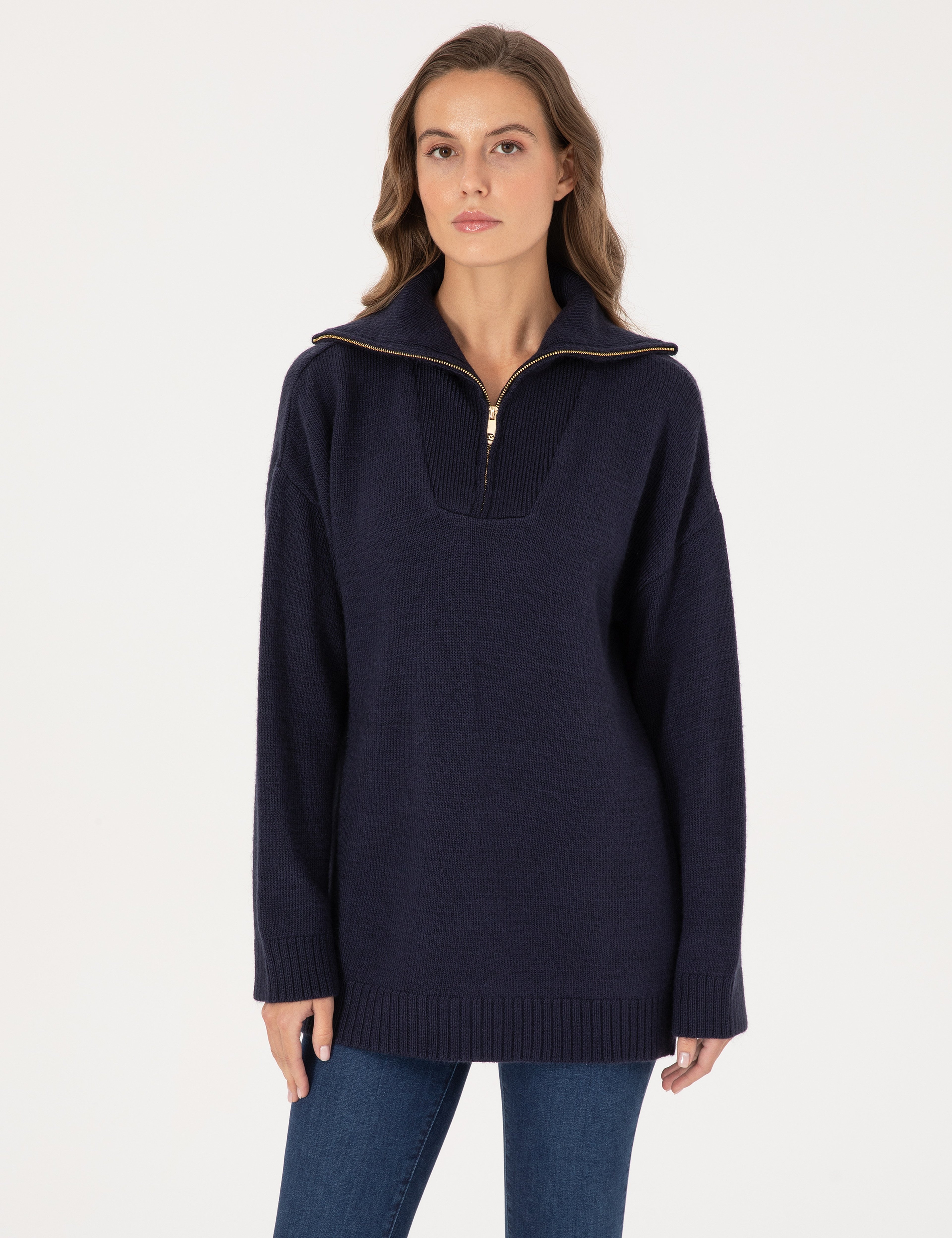 Lacivert Comfort Fit Fermuarlı Şal Yaka Kazak - Image 3