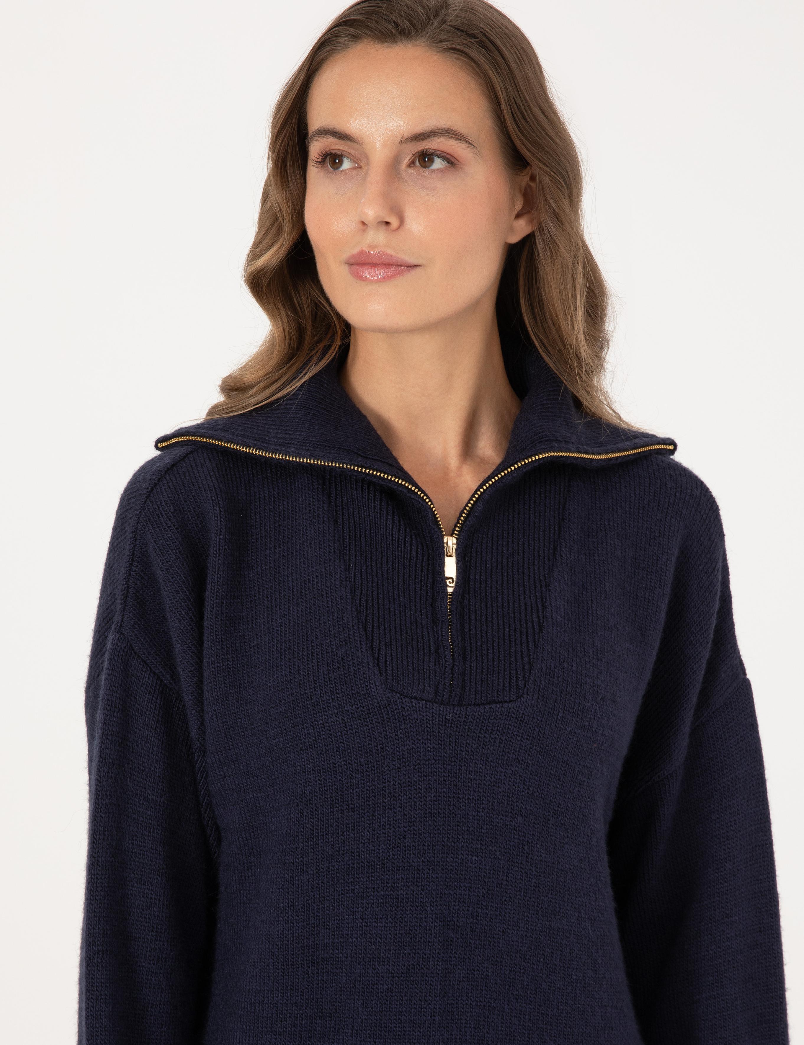 Lacivert Comfort Fit Fermuarlı Şal Yaka Kazak