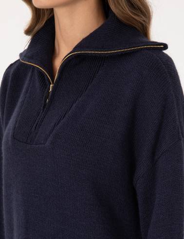 Lacivert Comfort Fit Fermuarlı Şal Yaka Kazak
