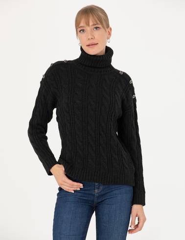 Siyah Regular Fit Balıkçı Yaka Kazak