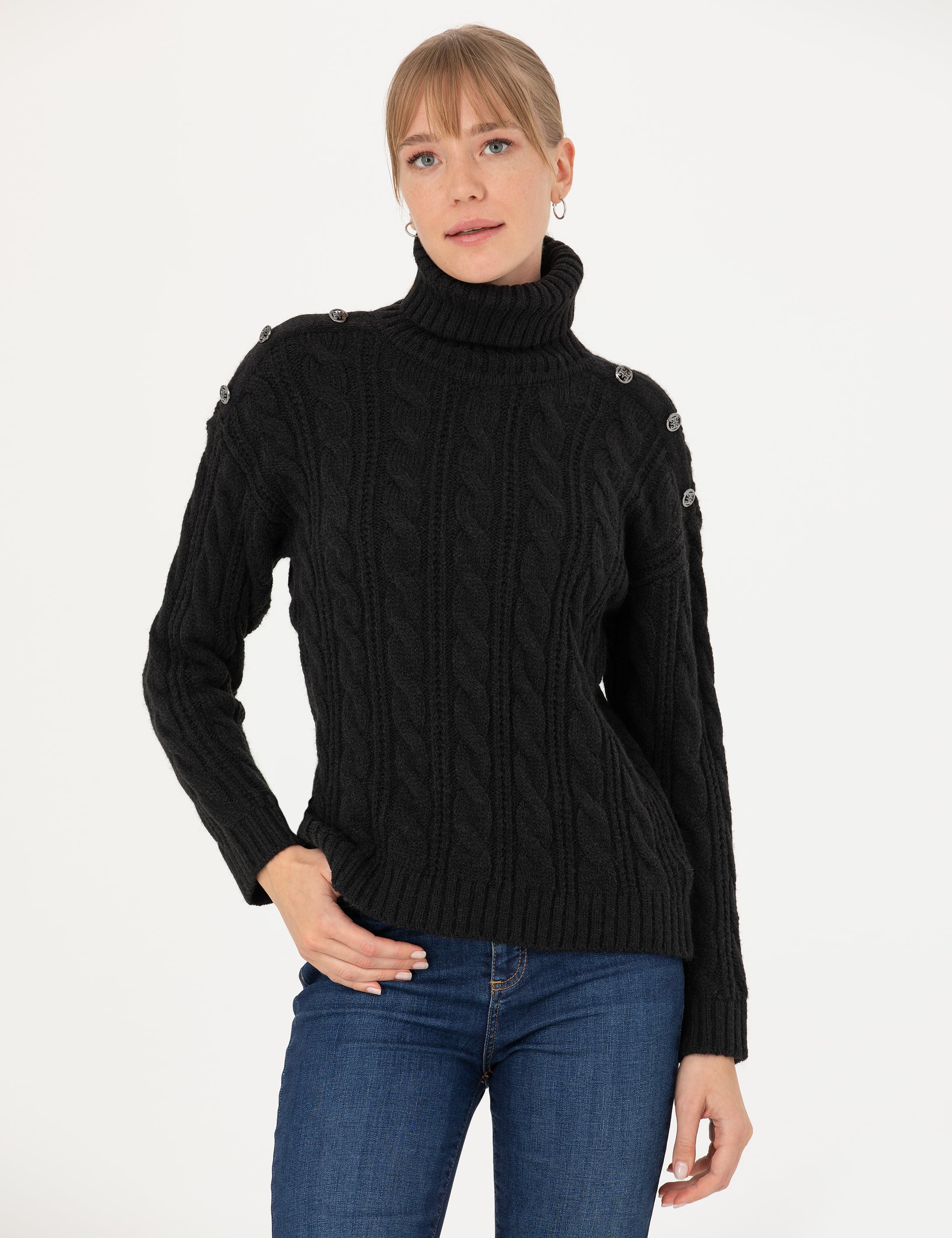 Siyah Regular Fit Balıkçı Yaka Kazak