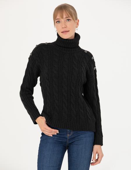 Siyah Regular Fit Balıkçı Yaka Kazak - 50276220034