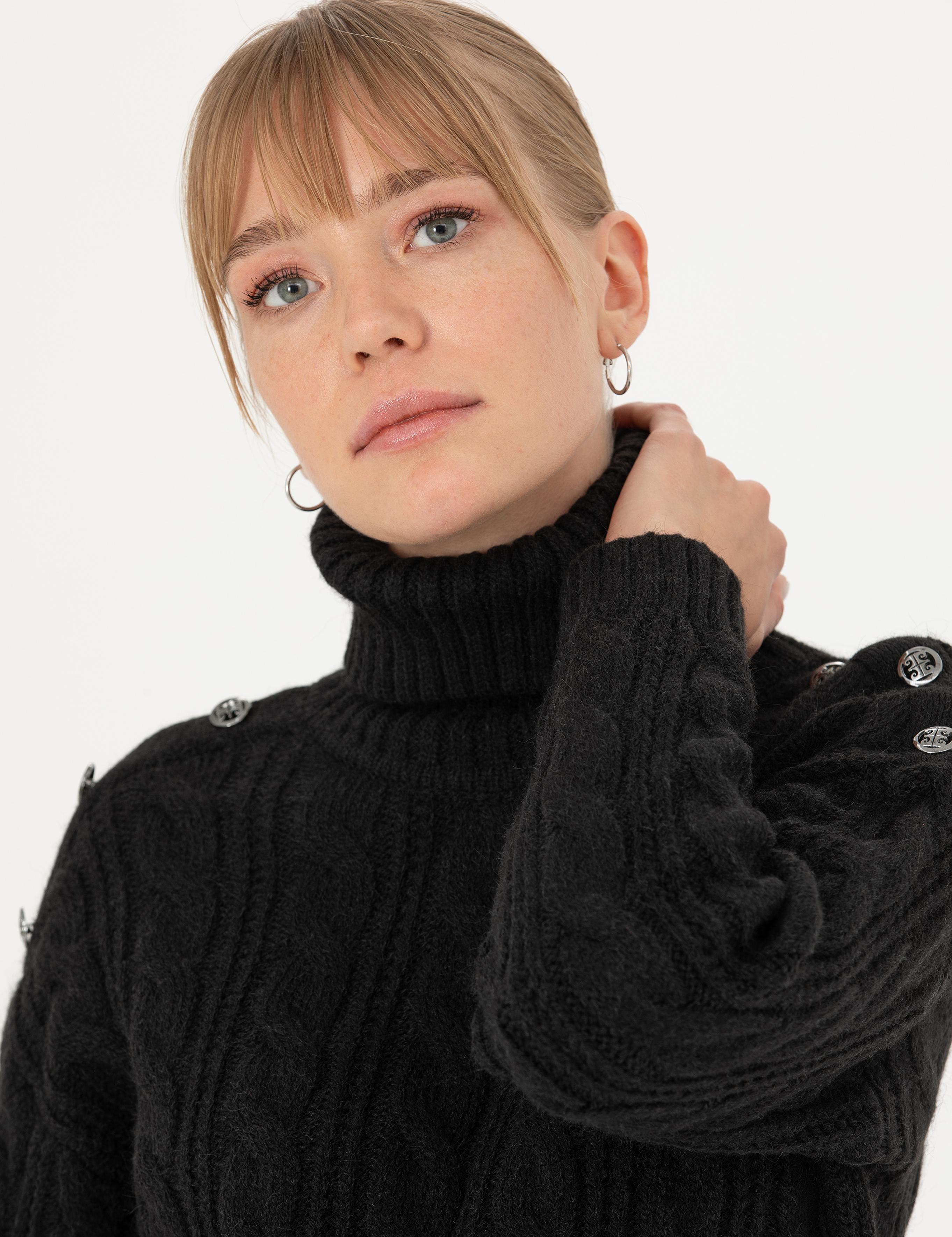 Siyah Regular Fit Balıkçı Yaka Kazak