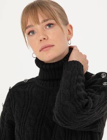 Siyah Regular Fit Balıkçı Yaka Kazak
