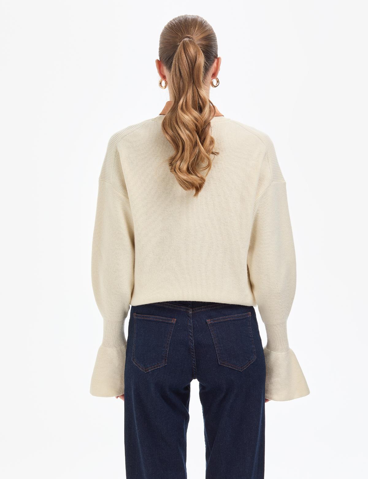 Ekru Regular Fit Yün Kazak - 50296484018