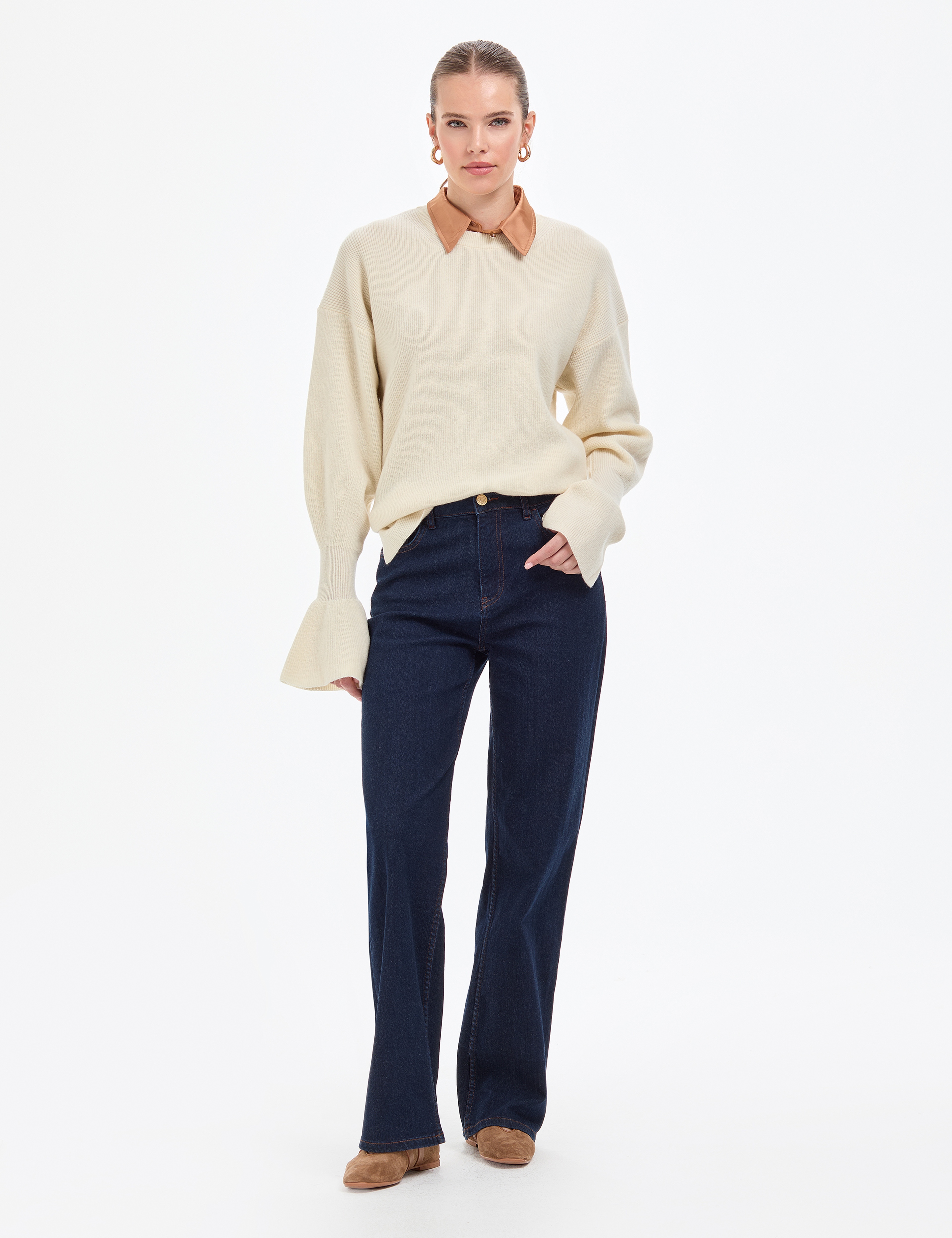 Ekru Regular Fit Yün Kazak
