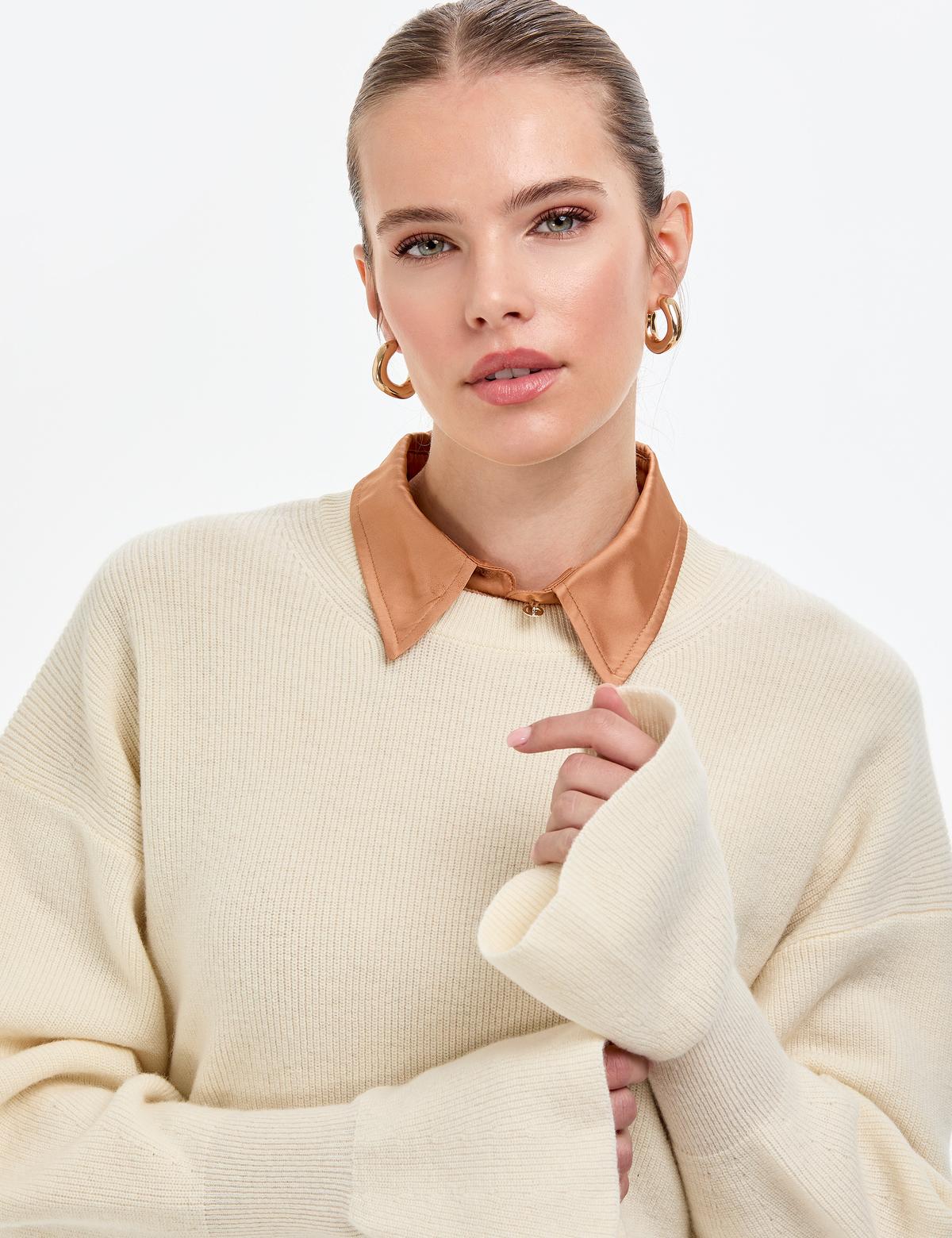 Ekru Regular Fit Yün Kazak - 50296484018